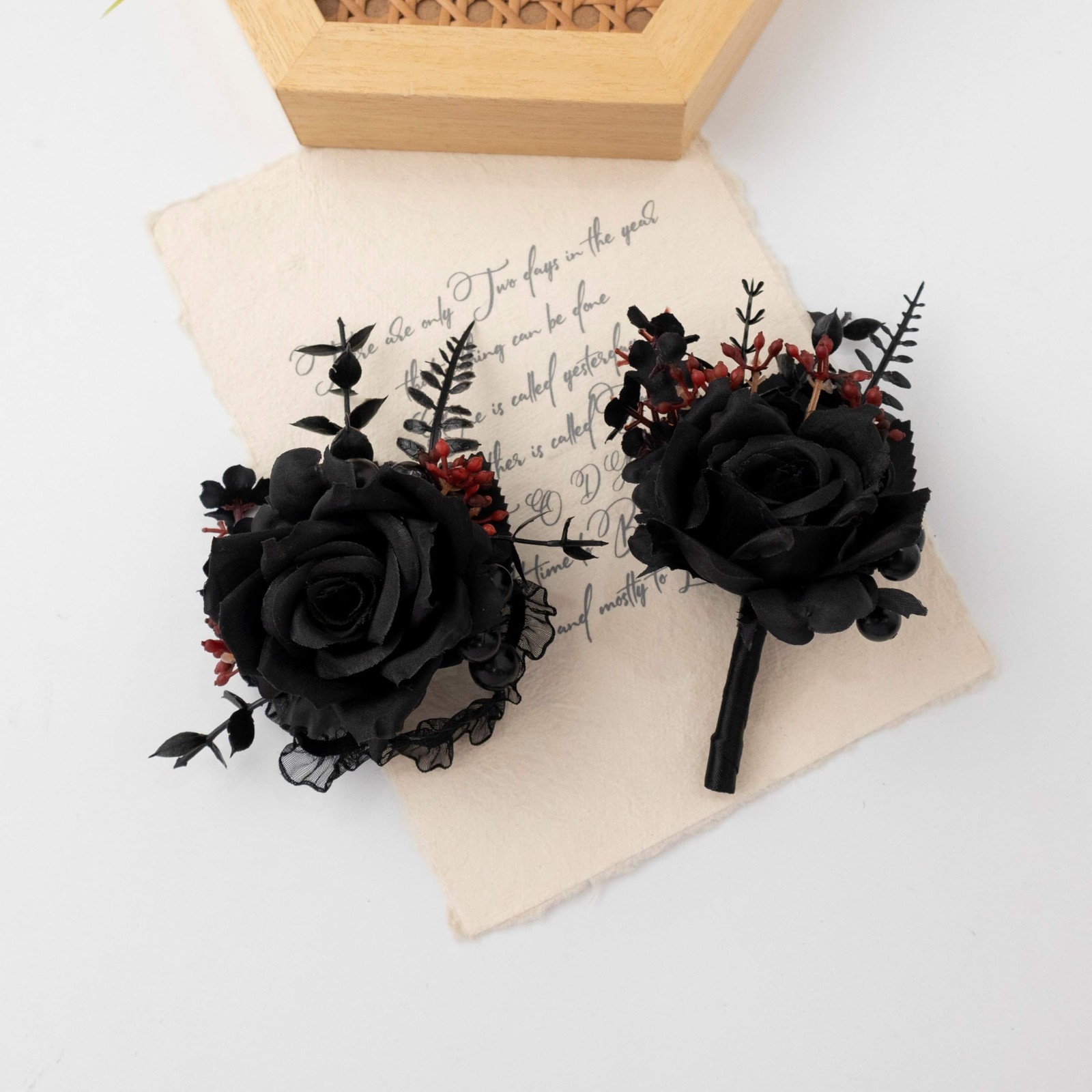 1 Set Black Corsage Wristlet Boutonniere Rose Prom Flower Wedding Party Decor
