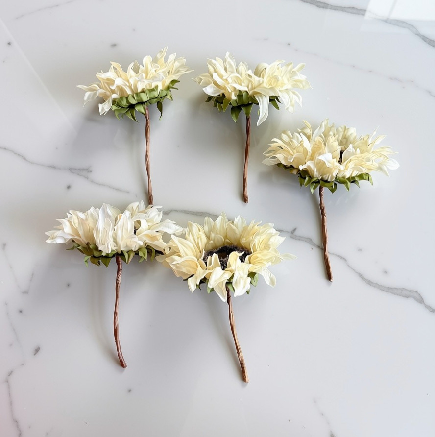 Set of 5 Cream Faux Sunflower Picks Soft Fabric Petals Wrapped Stems 9″ Tall