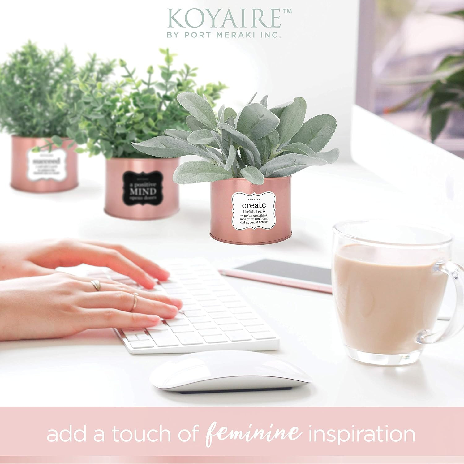 3 Motivational Faux Plants for Desk – Rose Gold Decor for Office – Small Home Ac