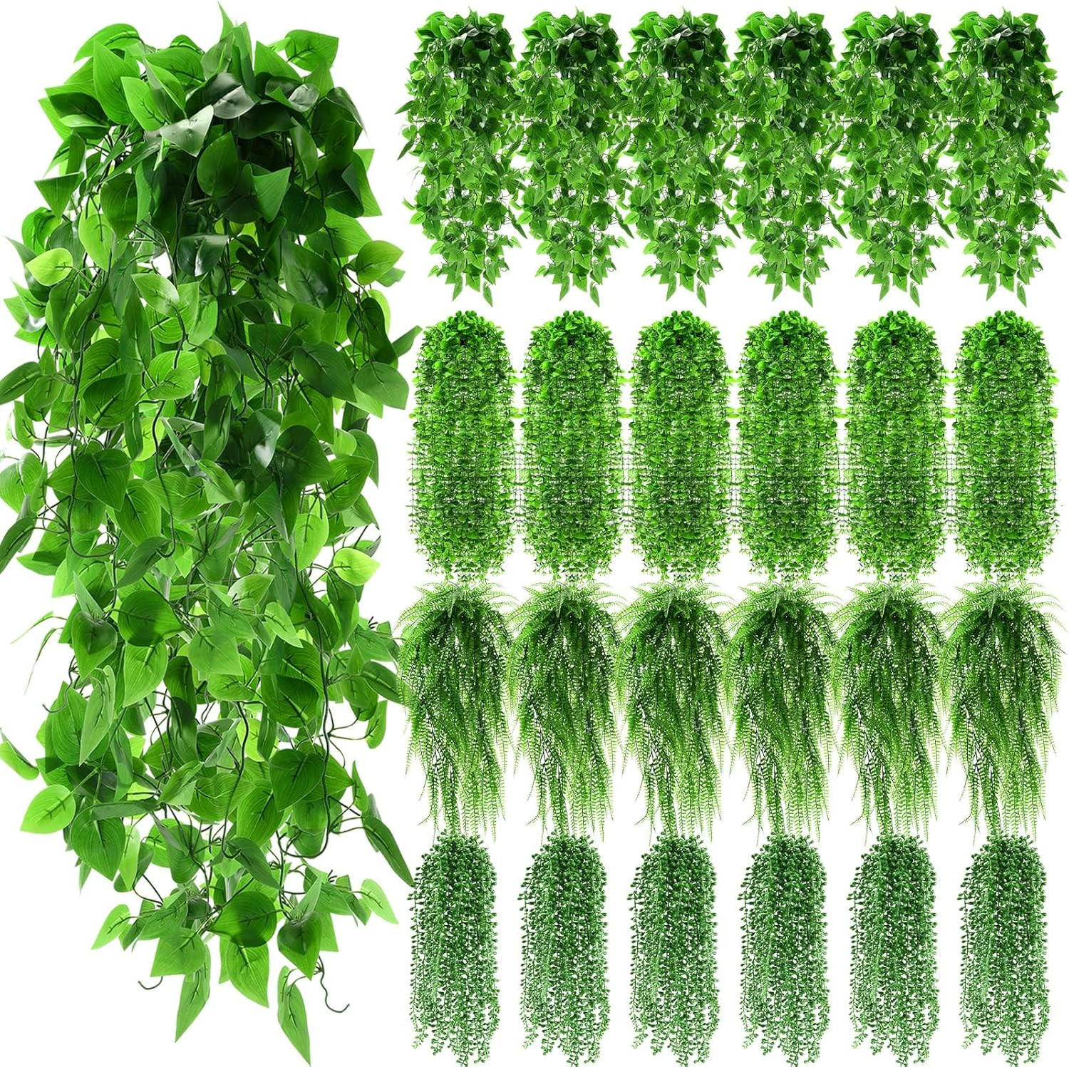 24 Pcs Fake Hanging Plants – Ferns, Ivy, Eucalyptus for Indoor/Outdoor Decor