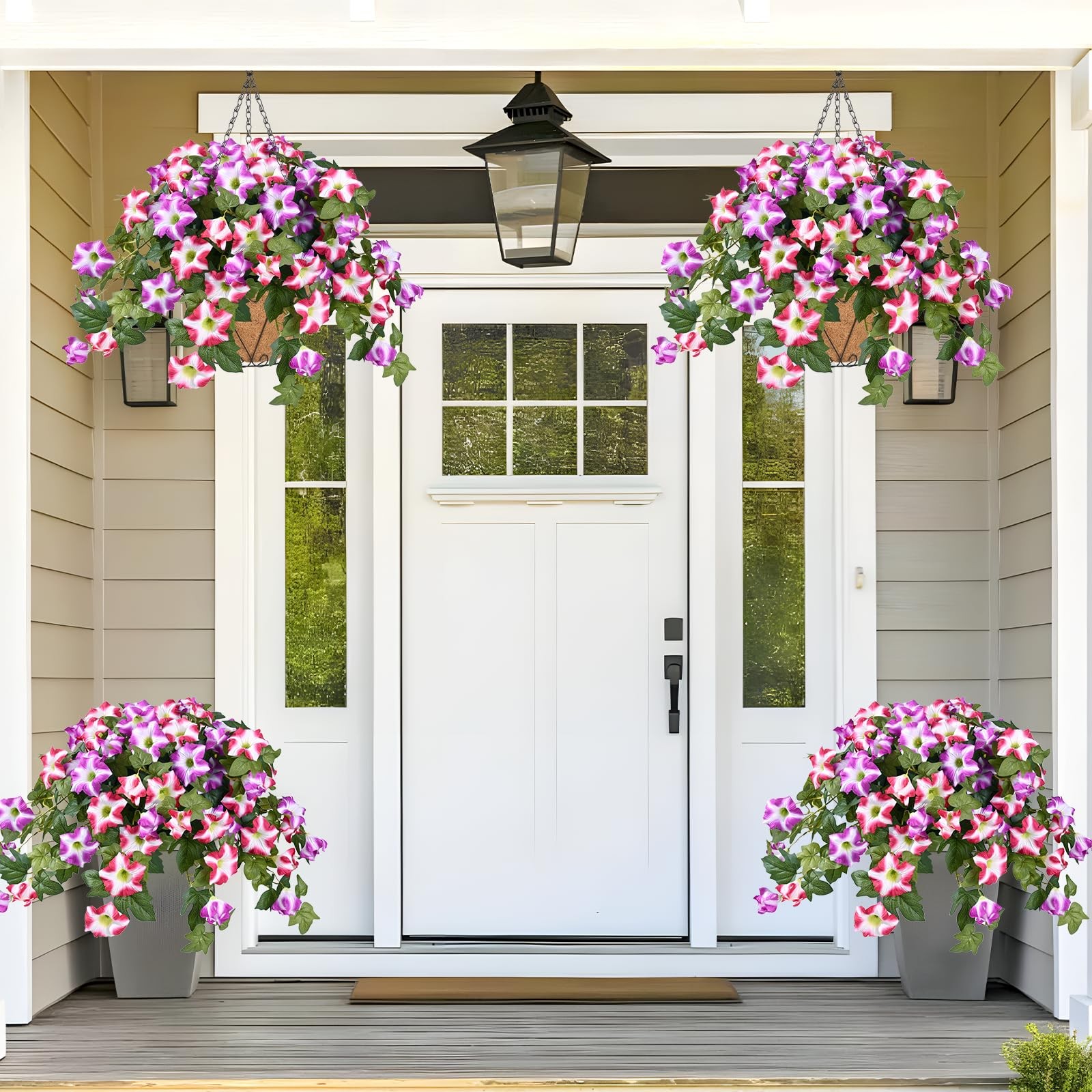 Artificial Hanging Flowers Plants with Basket for Outdoors, Artificial Petuni…