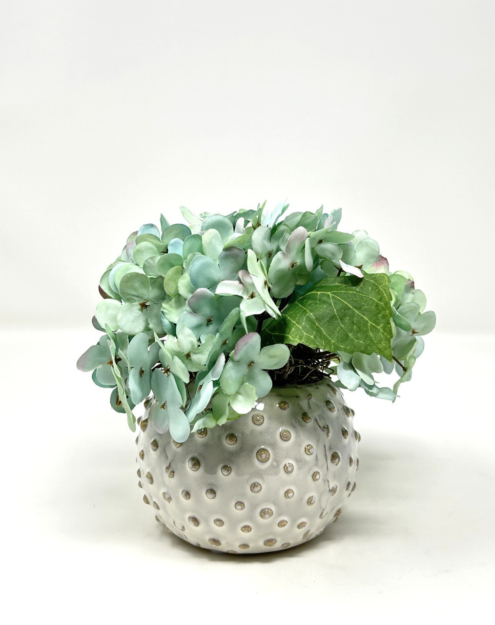 Mini 5.5″ Artificial BLUE-GREEN HYDRANGEA faux Silk flower potted in Cream Dot C