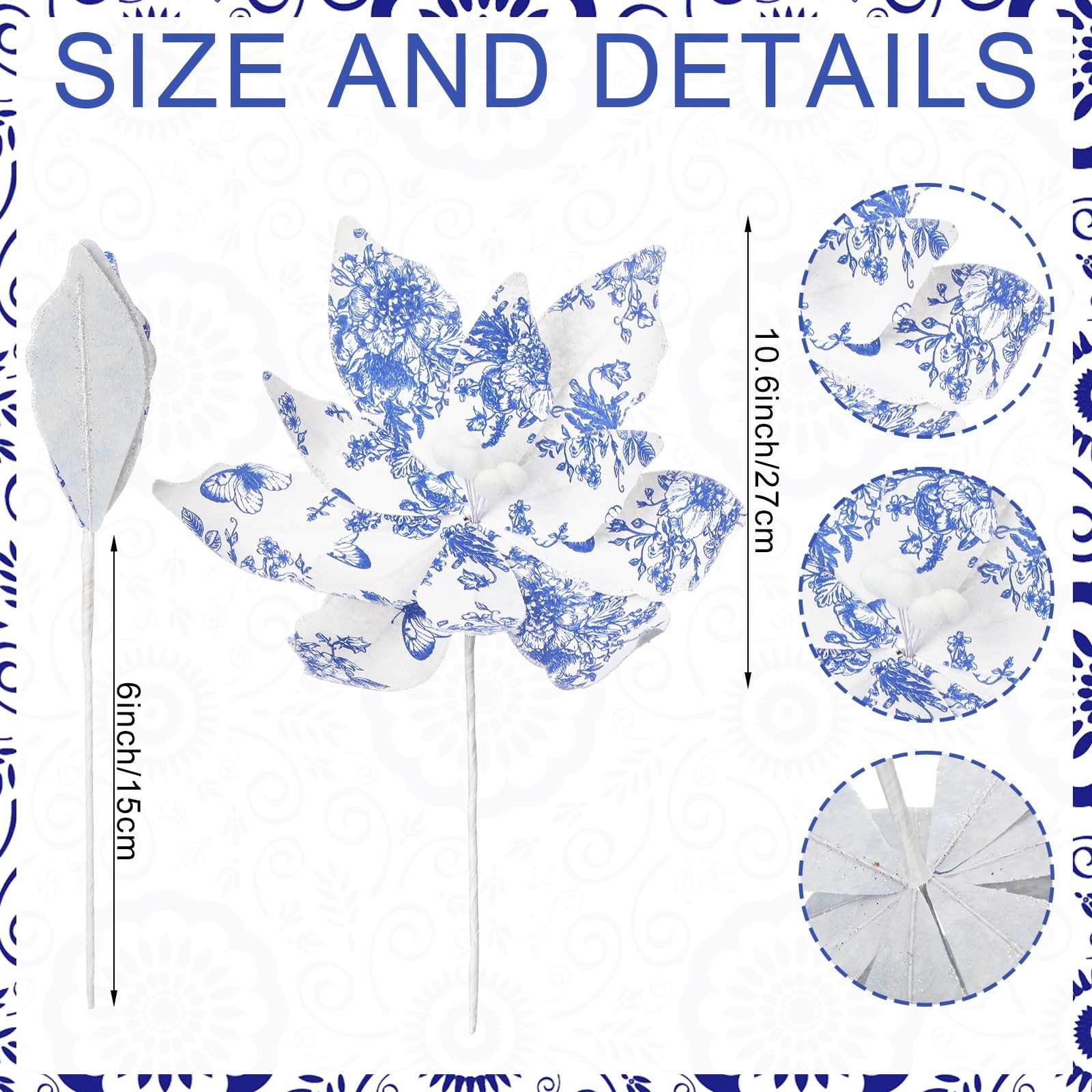 8 Pcs Chinoiserie Christmas Large Decorations for Tree 10.6 Inch Blue White C…