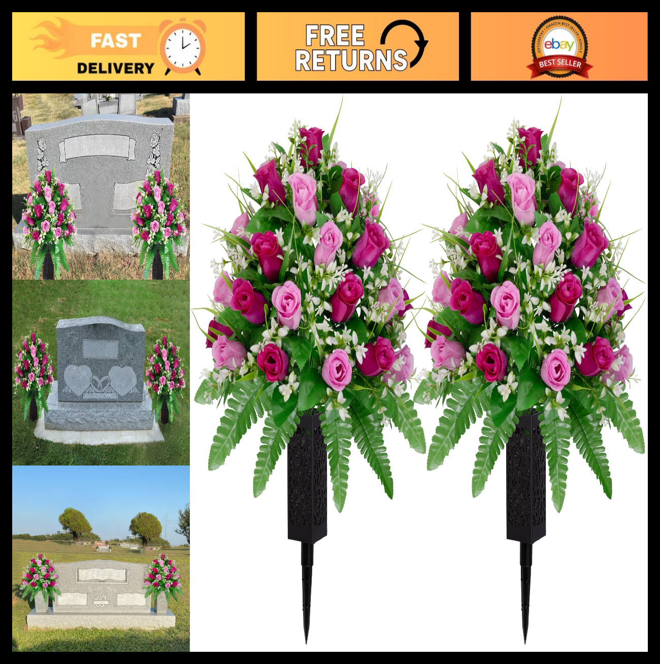 2 Sets Realistic Purple & Pink Artificial Cemetery Flowers – Outdoor Grave Decor