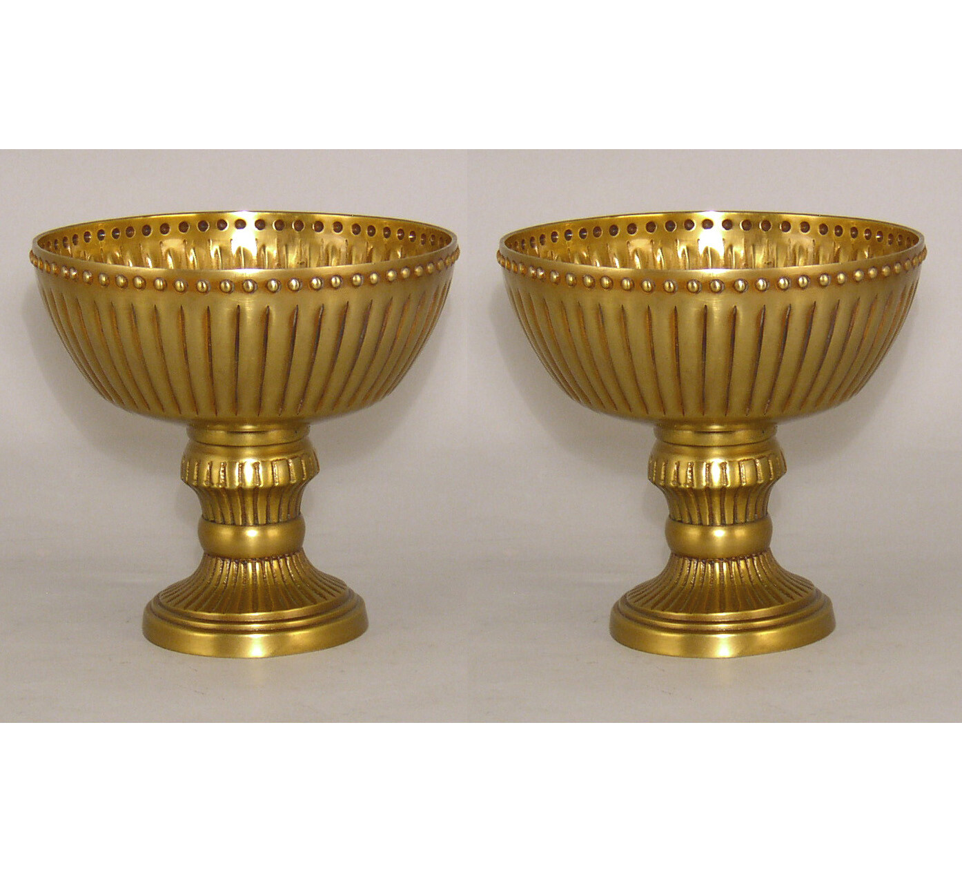 Compote Bowl Vase Gold Finish Aluminum Fluted Round Pedestal Set/2 6″D 5.75″H