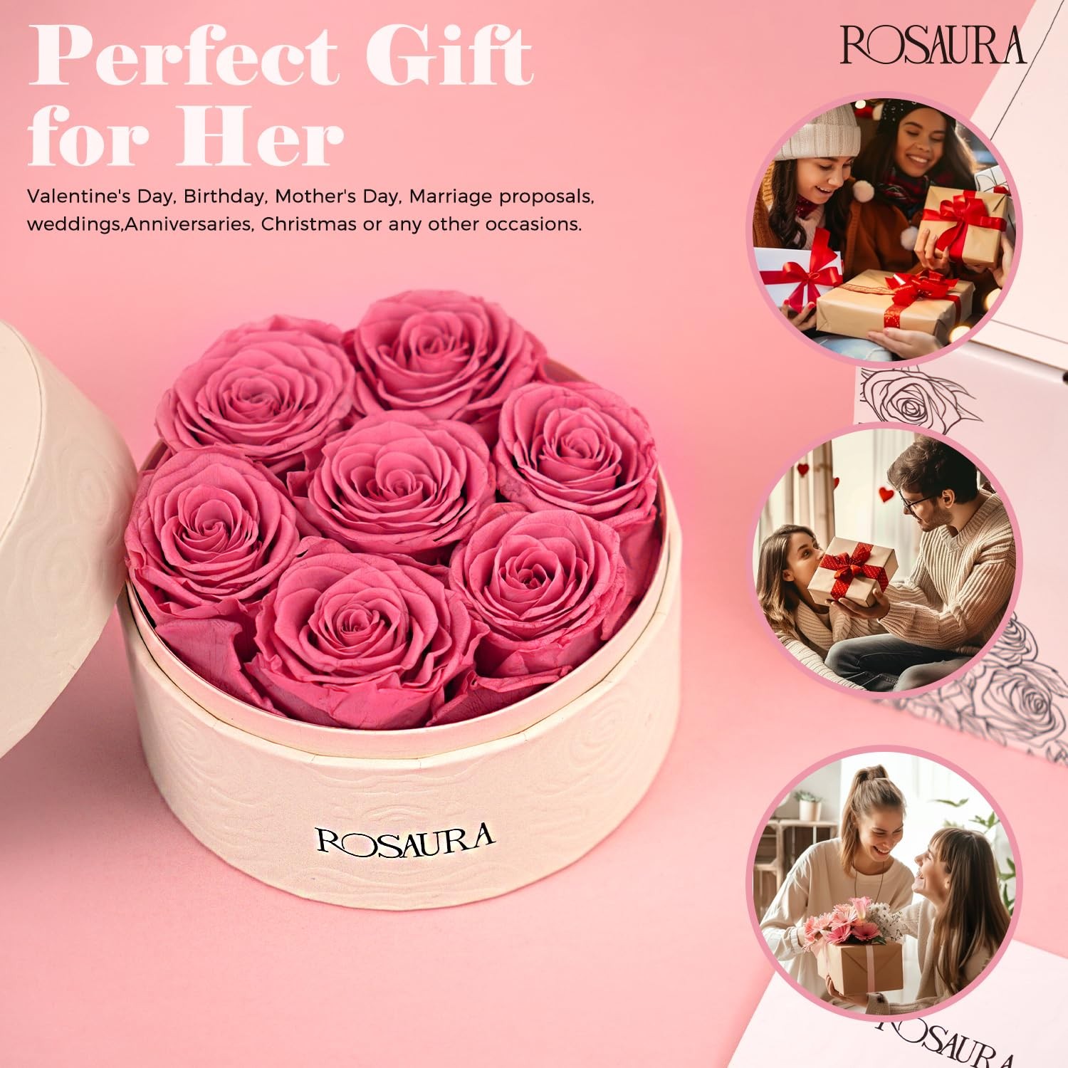 Preserved Roses Gift Box Real Forever Flowers Round Case Pink 7 PCS Rose