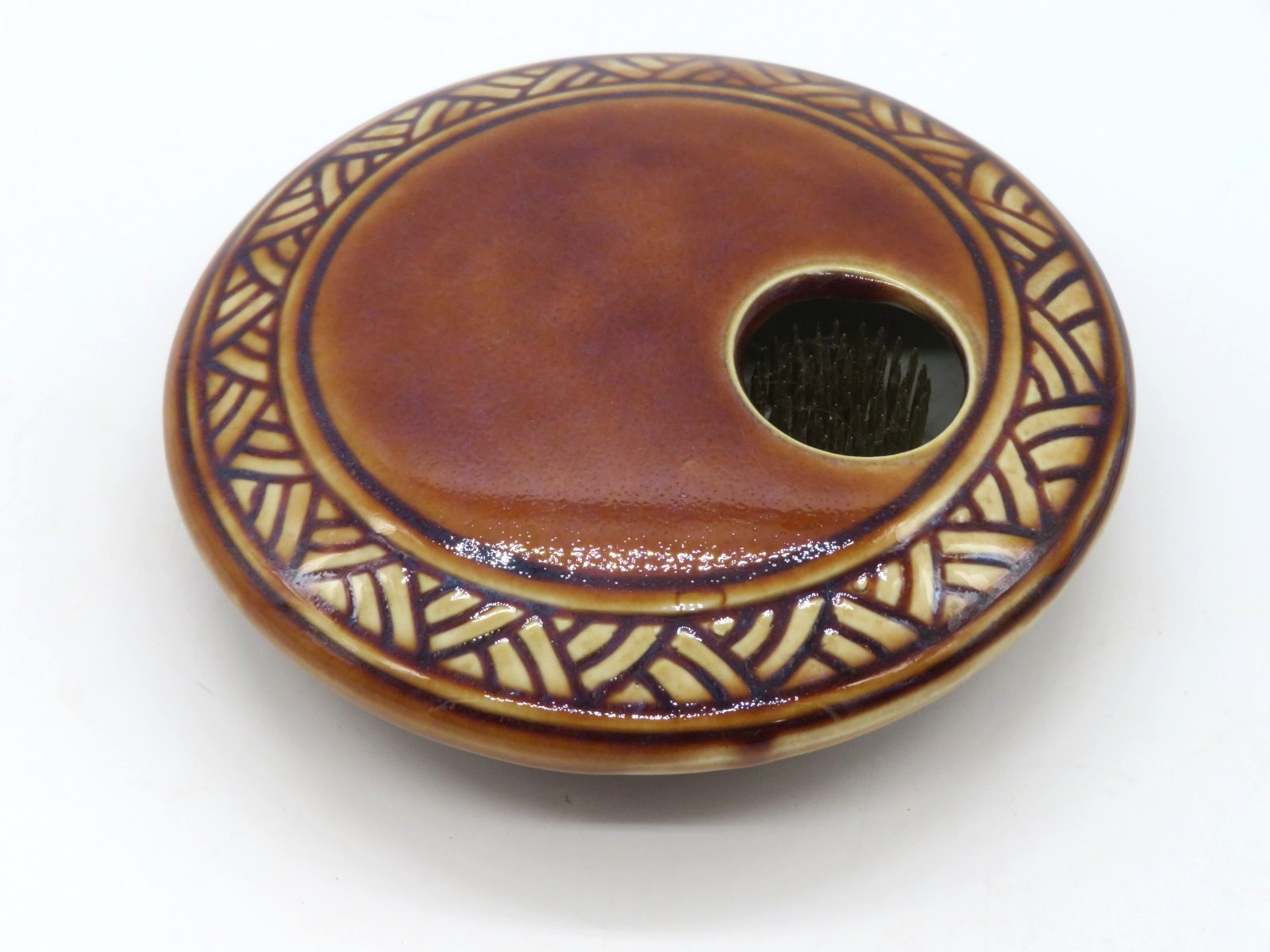 Vintage Ceramic Round Ikebana Flower Vase with Frog Brown Glaze Carved pattern