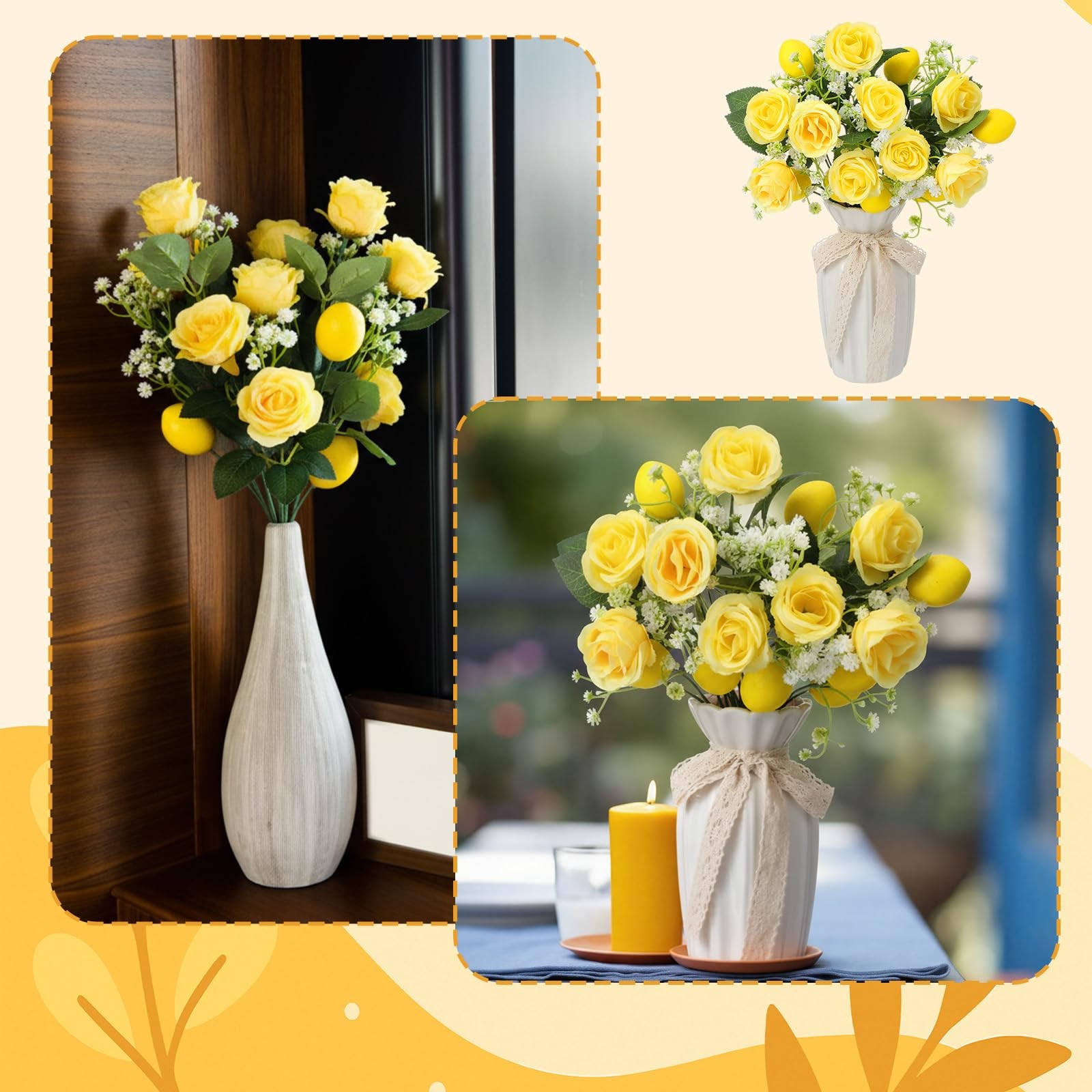 6 Pcs 12” Summer Artificial Lemon Branches Decor Fake Yellow Flower Picks Si…
