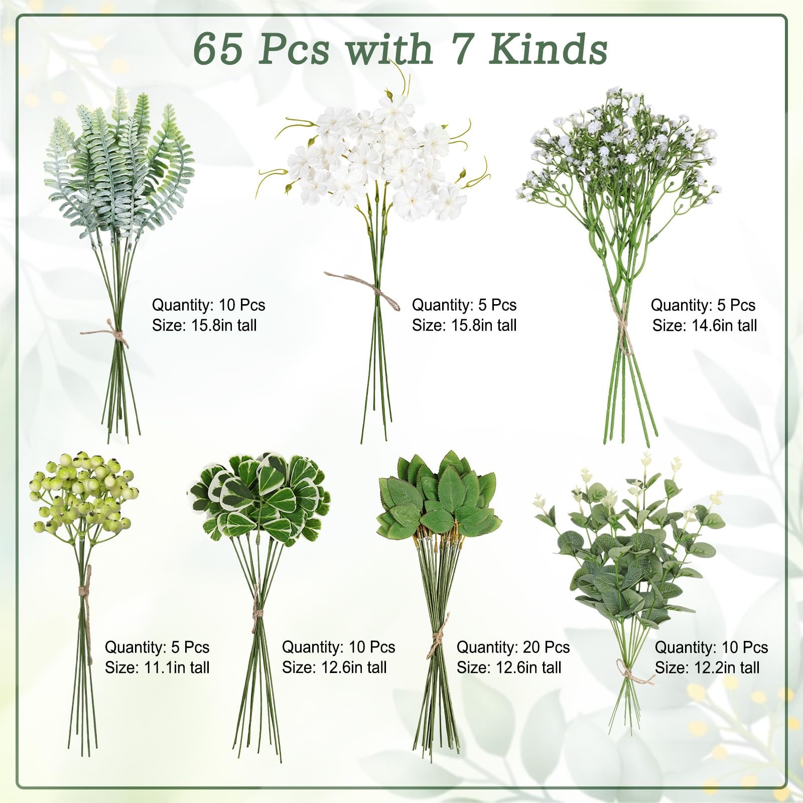 65PCS Artificial Eucalyptus Greenery Stems, 7 Kinds Mixed Faux White Babys Br…
