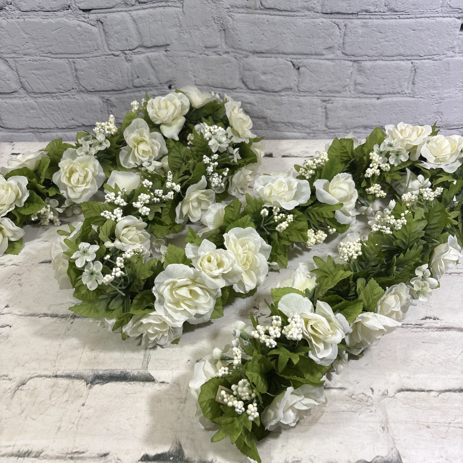Vintage Wedding Garland White Roses Baby’s Breath Artificial Flower Decor 62”