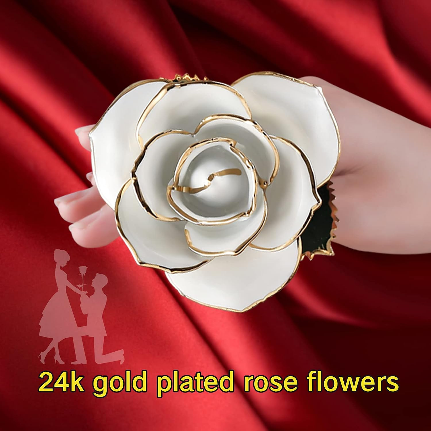 24K Gold Dipped Real Rose Lasted Forever with Stand, White Gold Rose Gifts