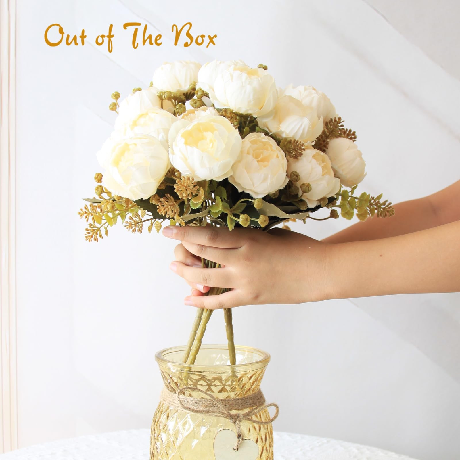 21 PCS White Faux Peony Artificial Flowers In Vase Home Decor Centerpiece