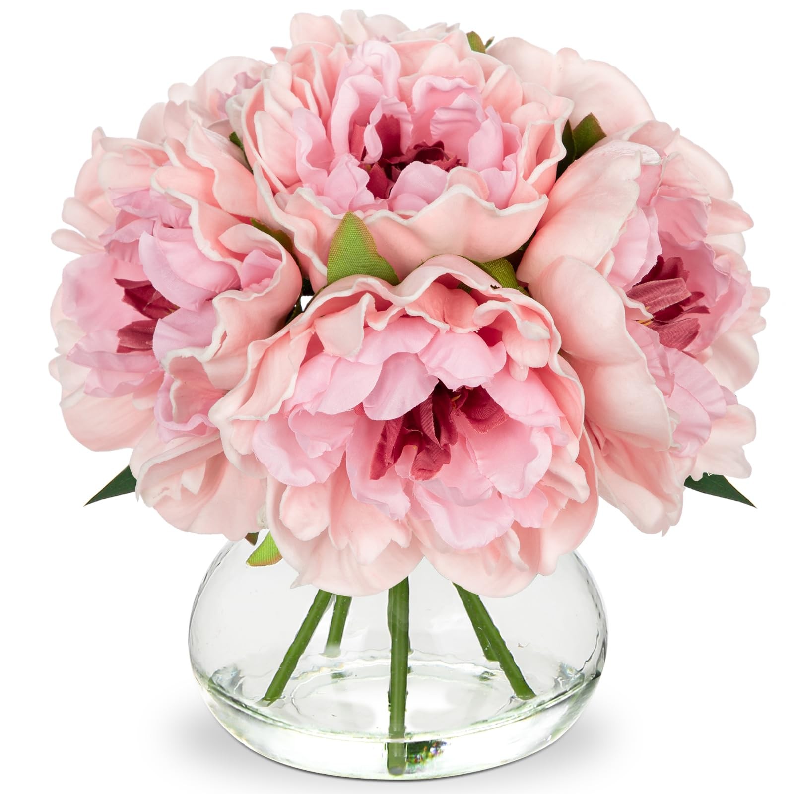 Artificial Peony Flowers Silk Arrangement Glass Vase Faux Water Light Pink 9in