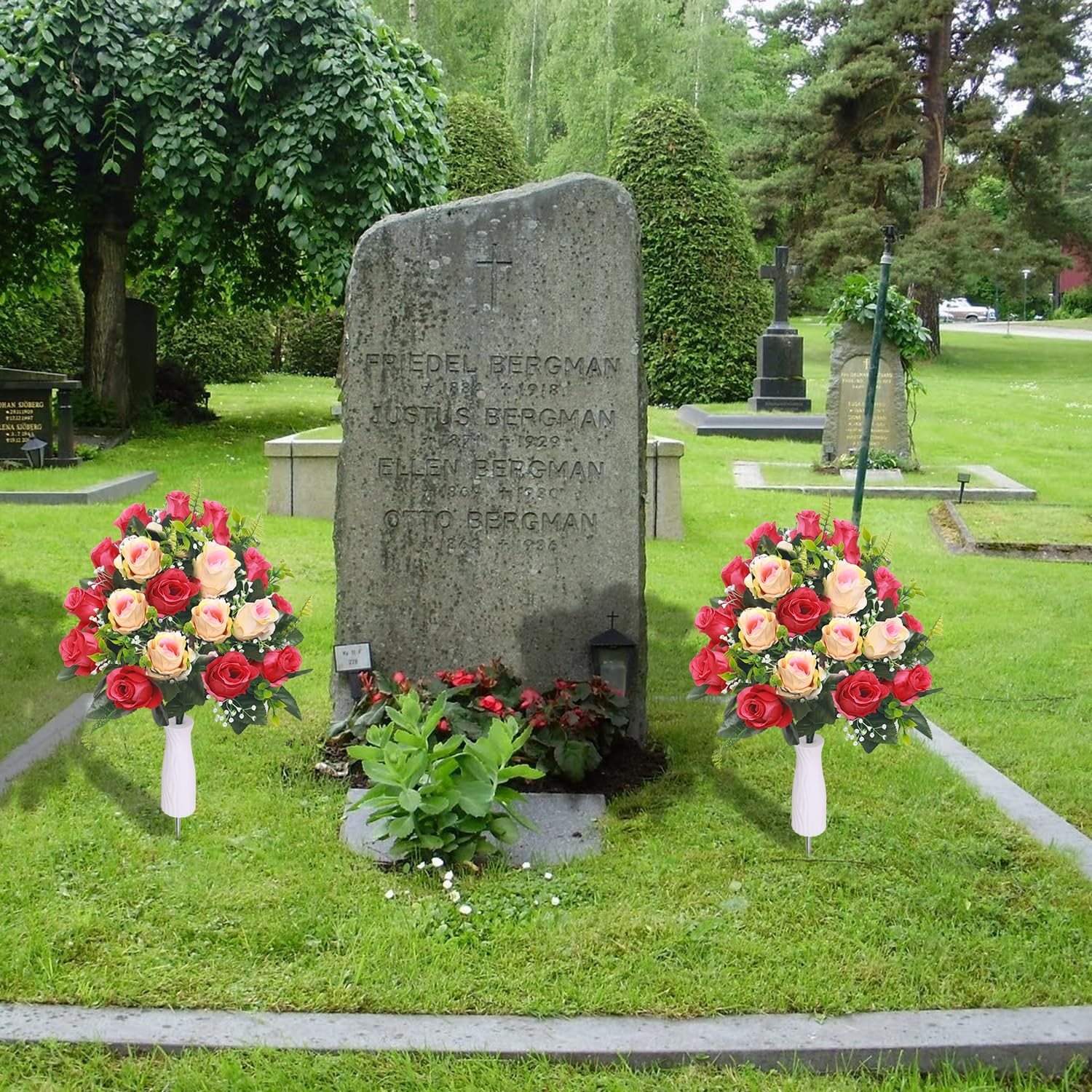 2 Sets Artificial Cemetery Flowers, Vase, Rose Bouquet, Red, Beige, Memorial