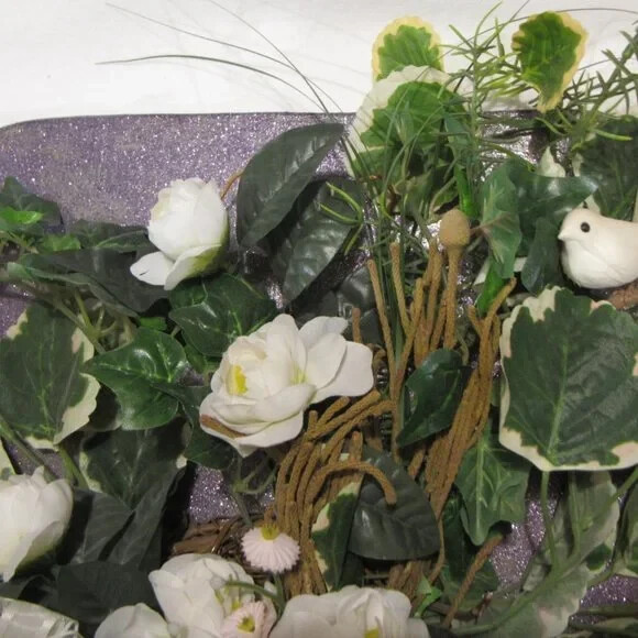 Handmade White Silk Flower Decoration on Purple Wood Wall Art Wedding Ivy 14×17