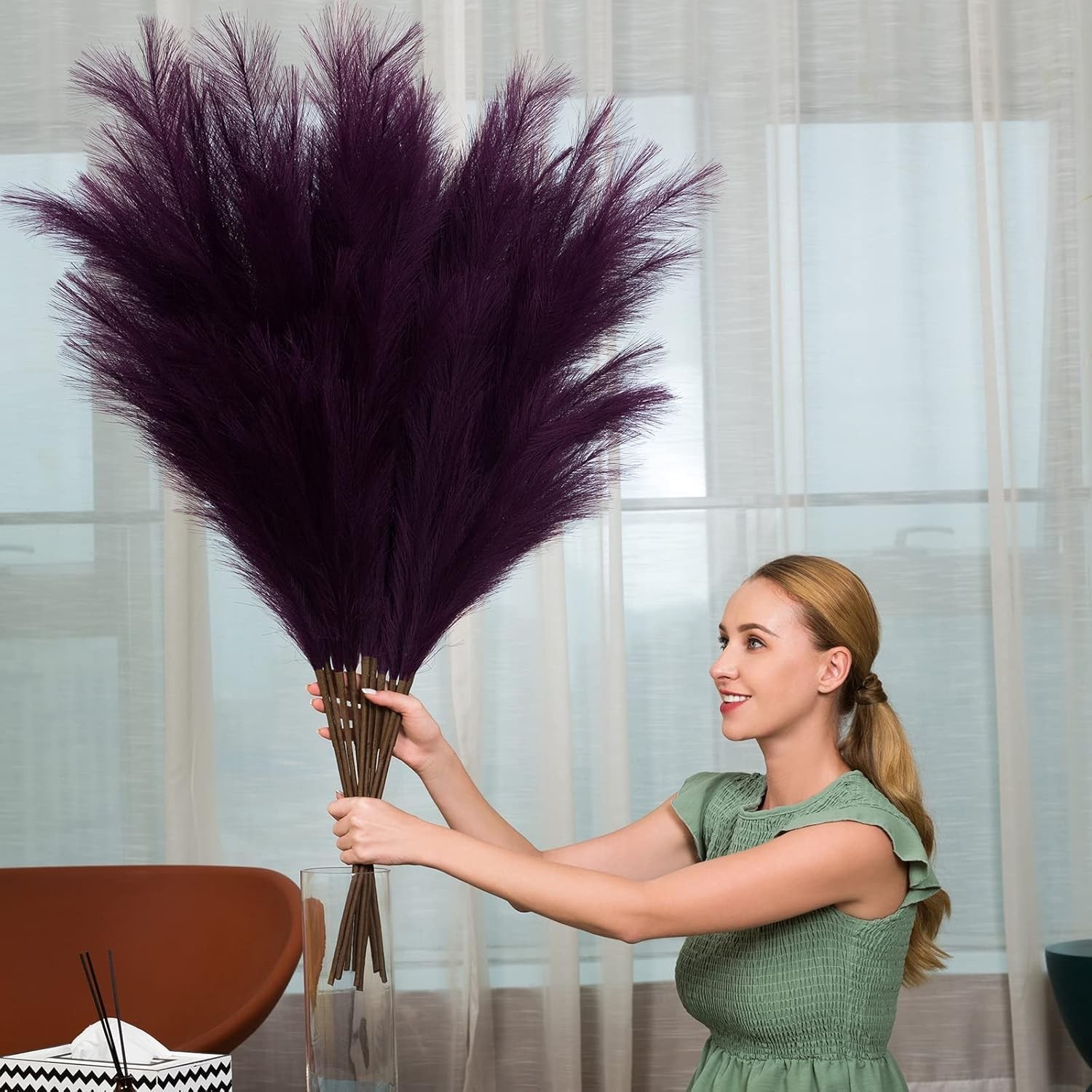 Luxury Faux Pampas Grass Decor – 6 Purple Stems, 43″ for Stylish Arrangements