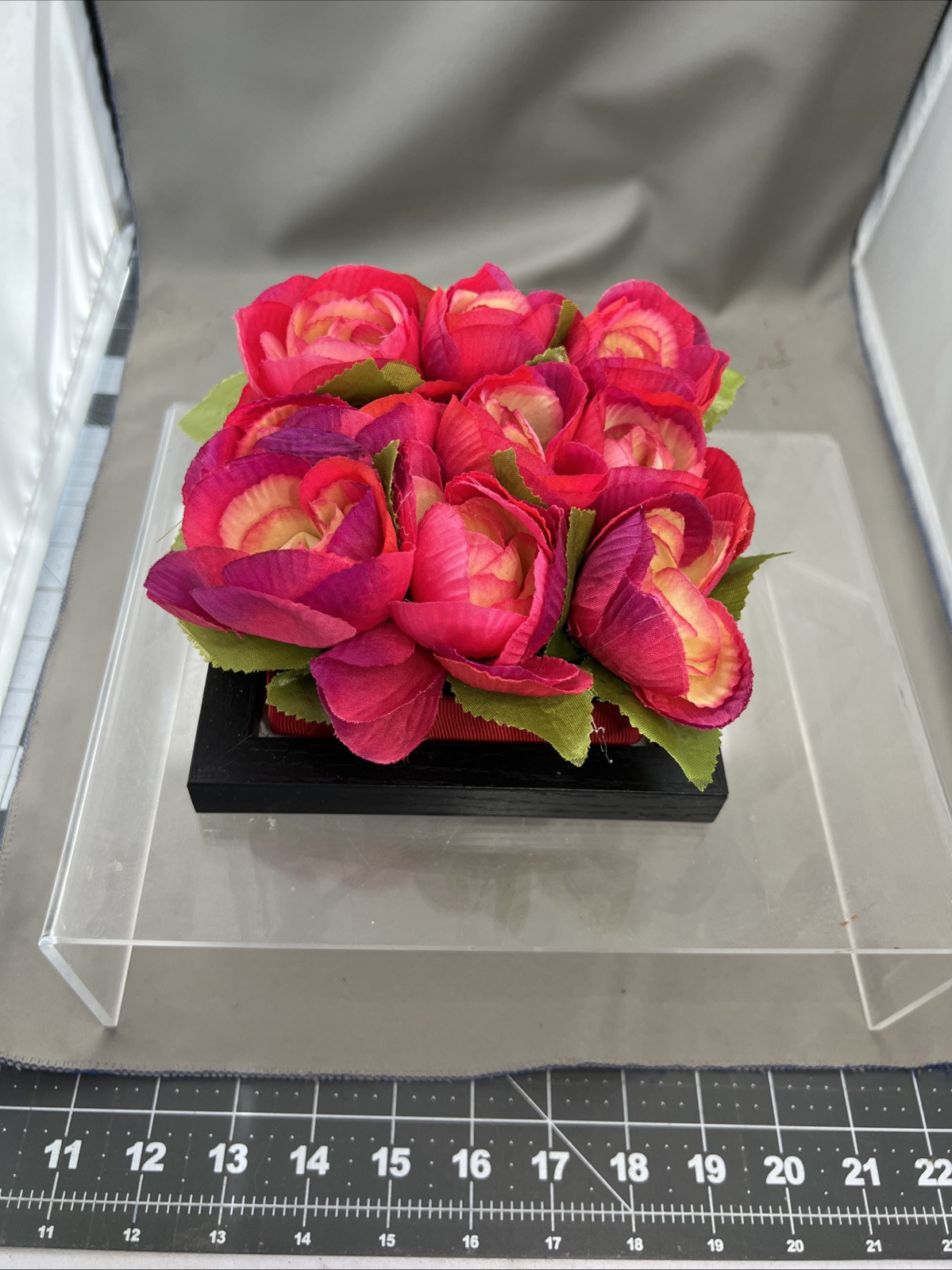 Pink Red Faux Silk Ranunculus Buttercup 9 Flower Box Table Centerpiece 6” Square