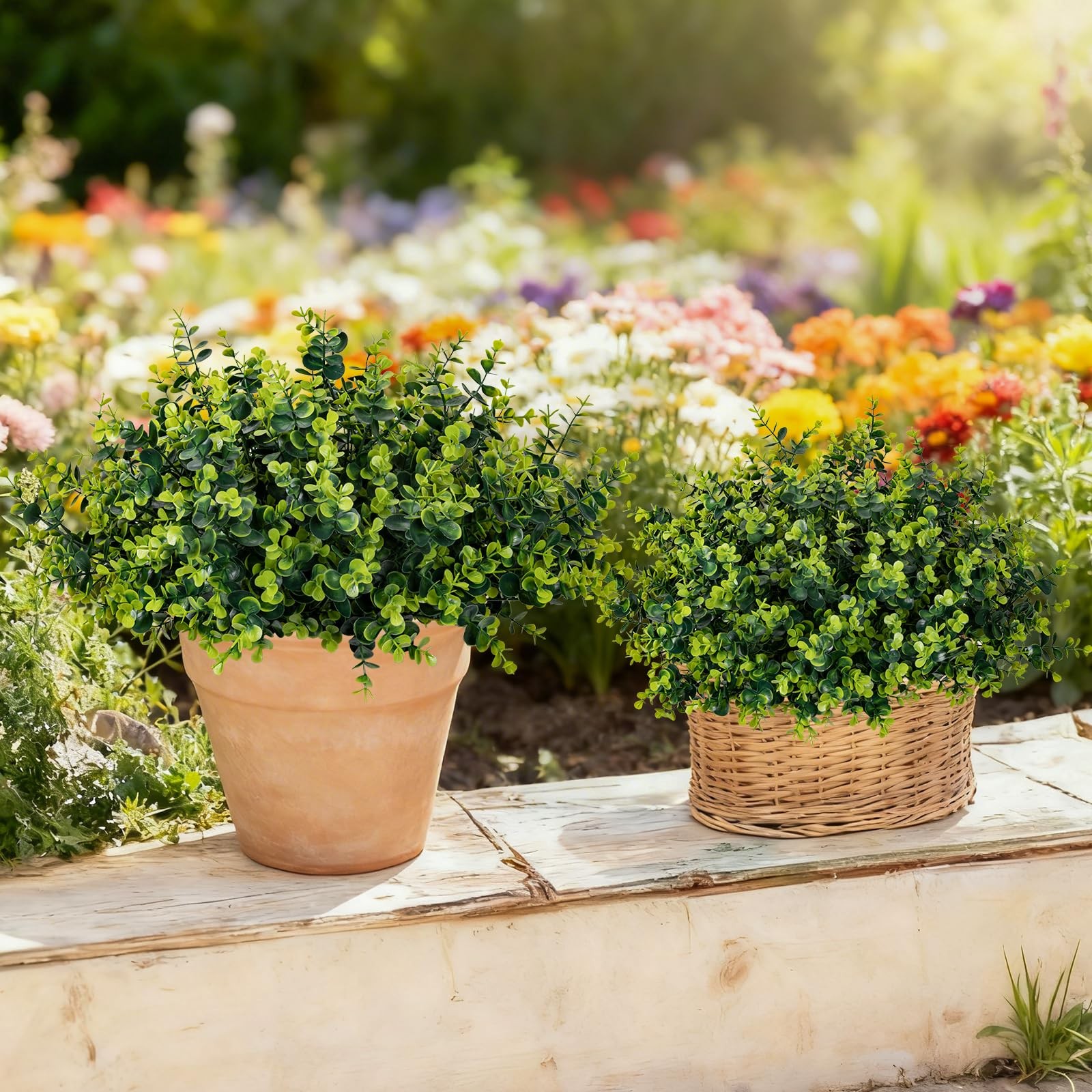 17 Inch Artificial Plants Outdoor Faux Shrubs Eucalyptus Boxwood Grass UV Res…