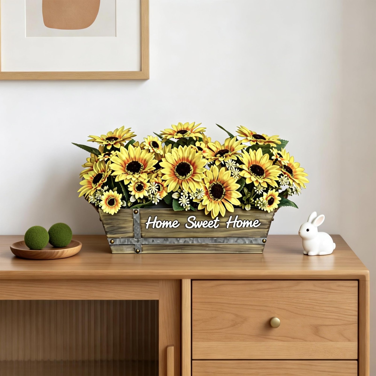 Artificial Sunflower Arrangement in Rustic Wood with “Home Sweet Home” Sign, …