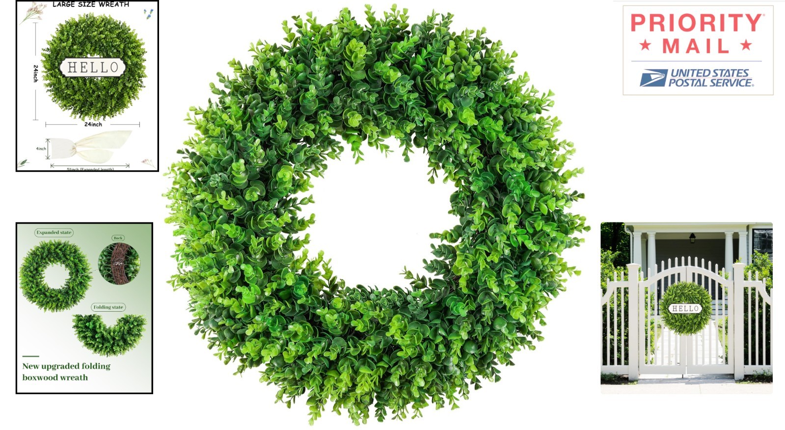 24 inch Boxwood Wreath Green Front Door Decor Handmade Seasonal Decoration