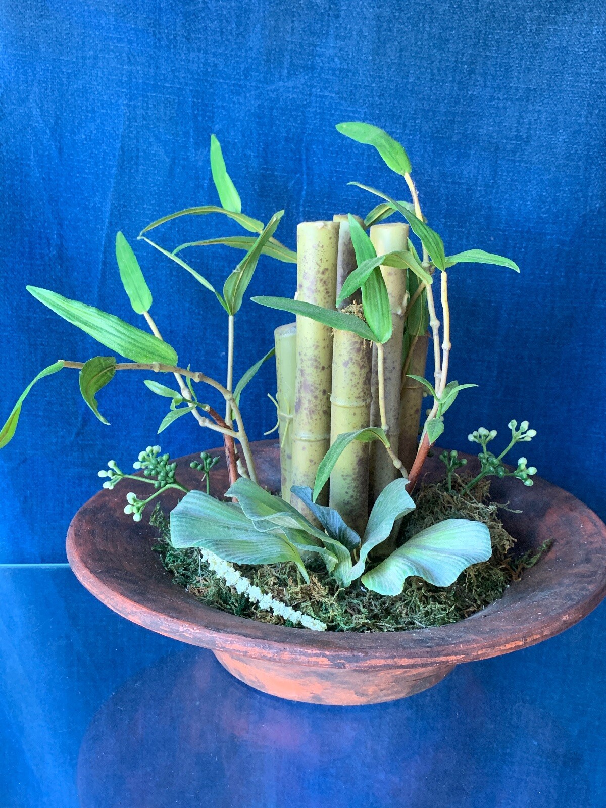 Vintage Rustic Stone Pot & Bamboo Terrarium Table Arrangement Floral 11″ ❤️sj3j