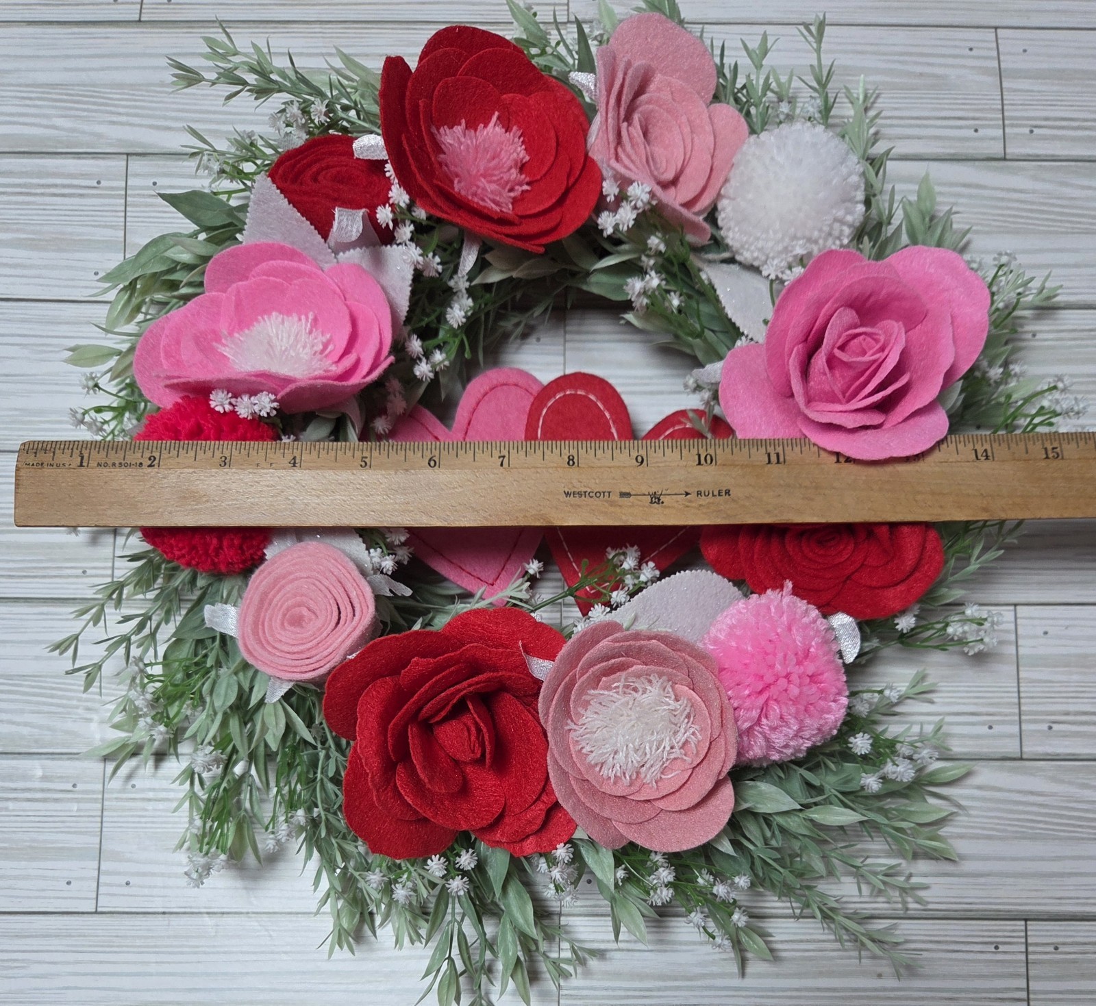 Valentine’s Day Wreath Felt and Faux Silk Florals Hearts Roses BB Greenery Multi