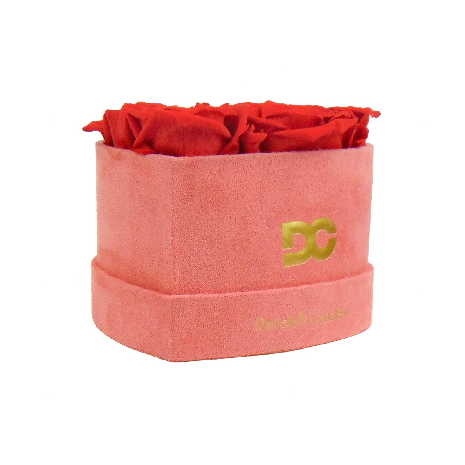 Personalized Heart Shaped Red Roses In Pink Suede Box, Real Long Lasting Roses