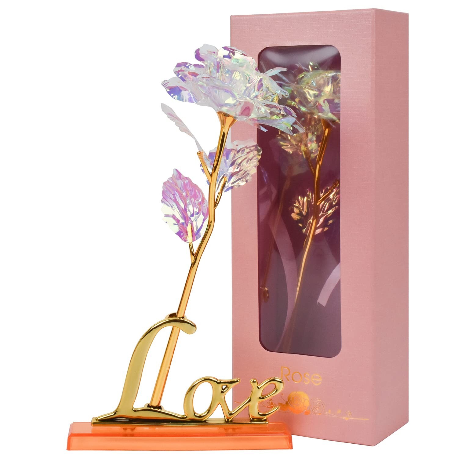 Rose Gift for Her, Rainbow Golden Foil Rose Flower w/Love Stand – Gift for Women