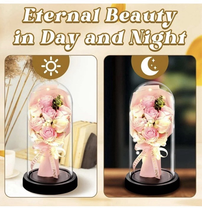 Artificial Pink Rose Bouquet Under Glass Dome w/ LED Lights 8.19in