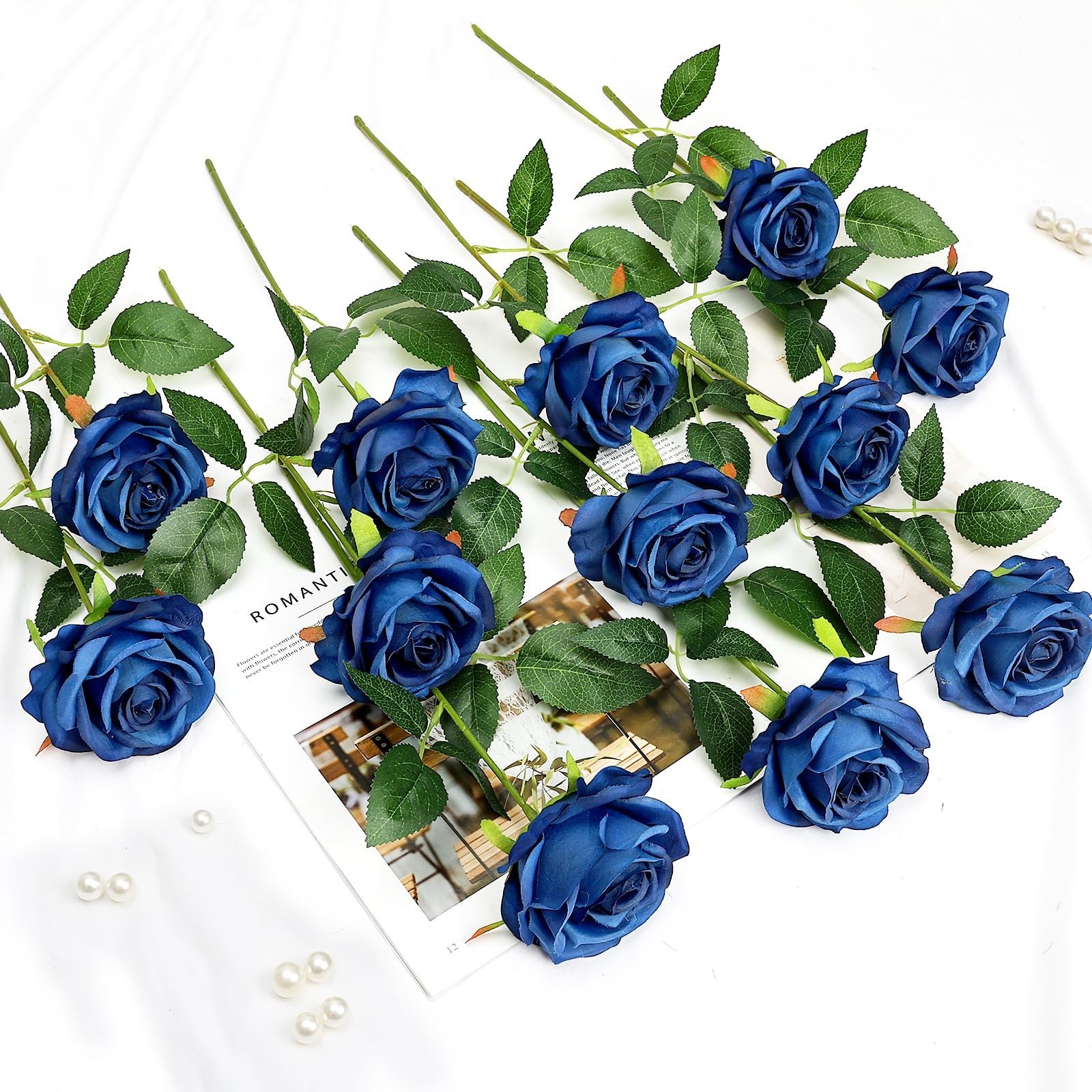 48 PCS Royal Blue Artificial Roses – Silk Flowers with Long Stems for DIY Bouque