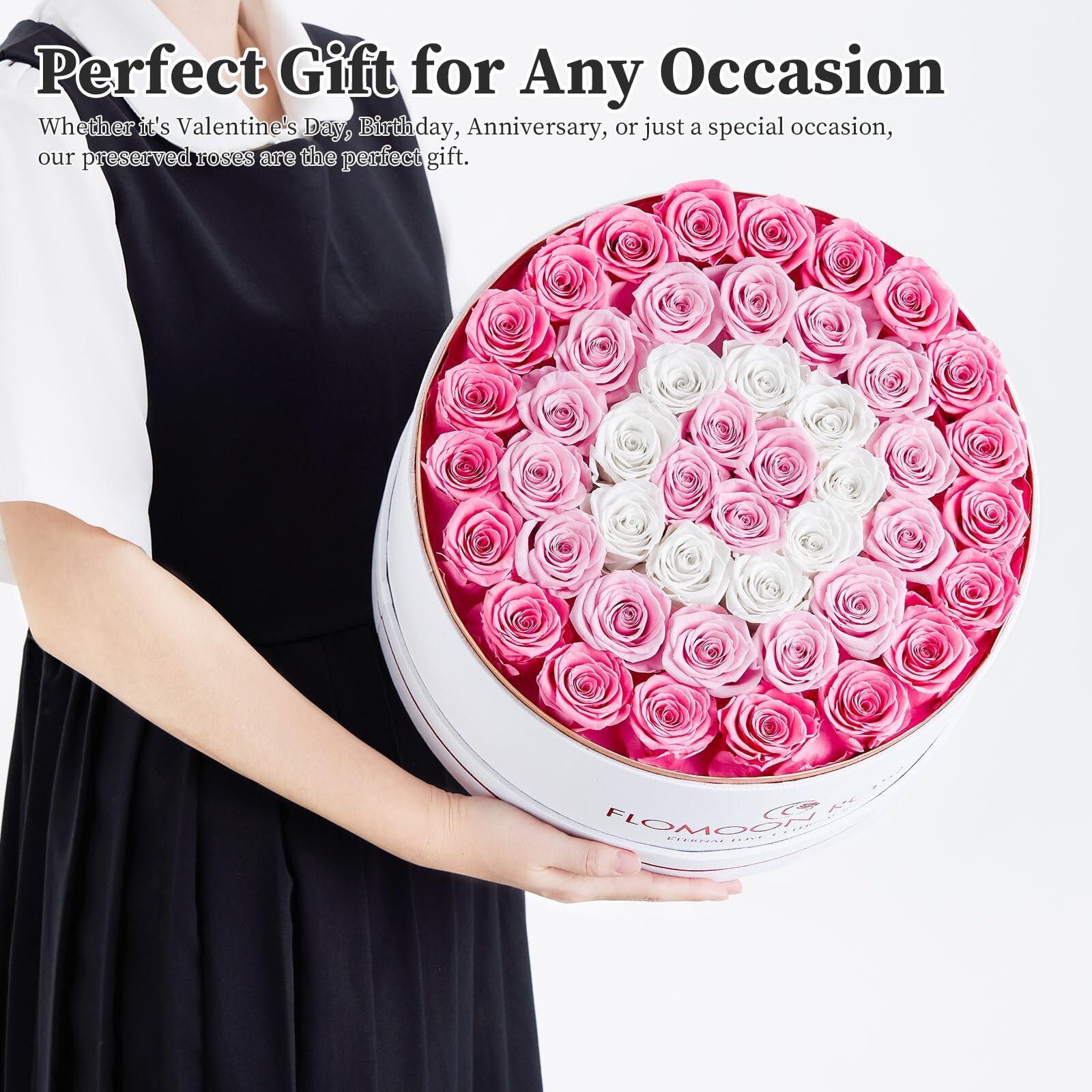 Forever Real Roses Gift Box 47 Preserved Roses in White Round Velvet Box Flow…