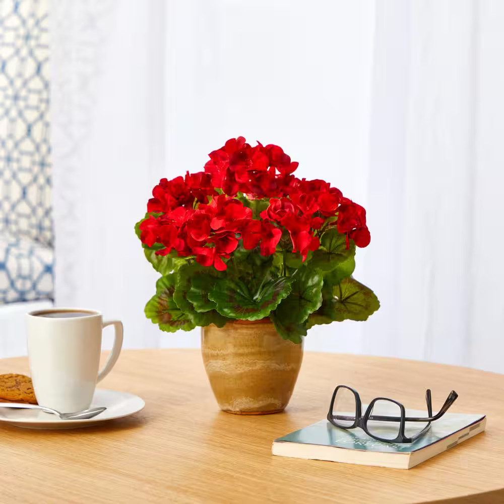 11In. Indoor/Outdoor UV Resistant Red Geranium Artificial Plant in Ceramic Plant