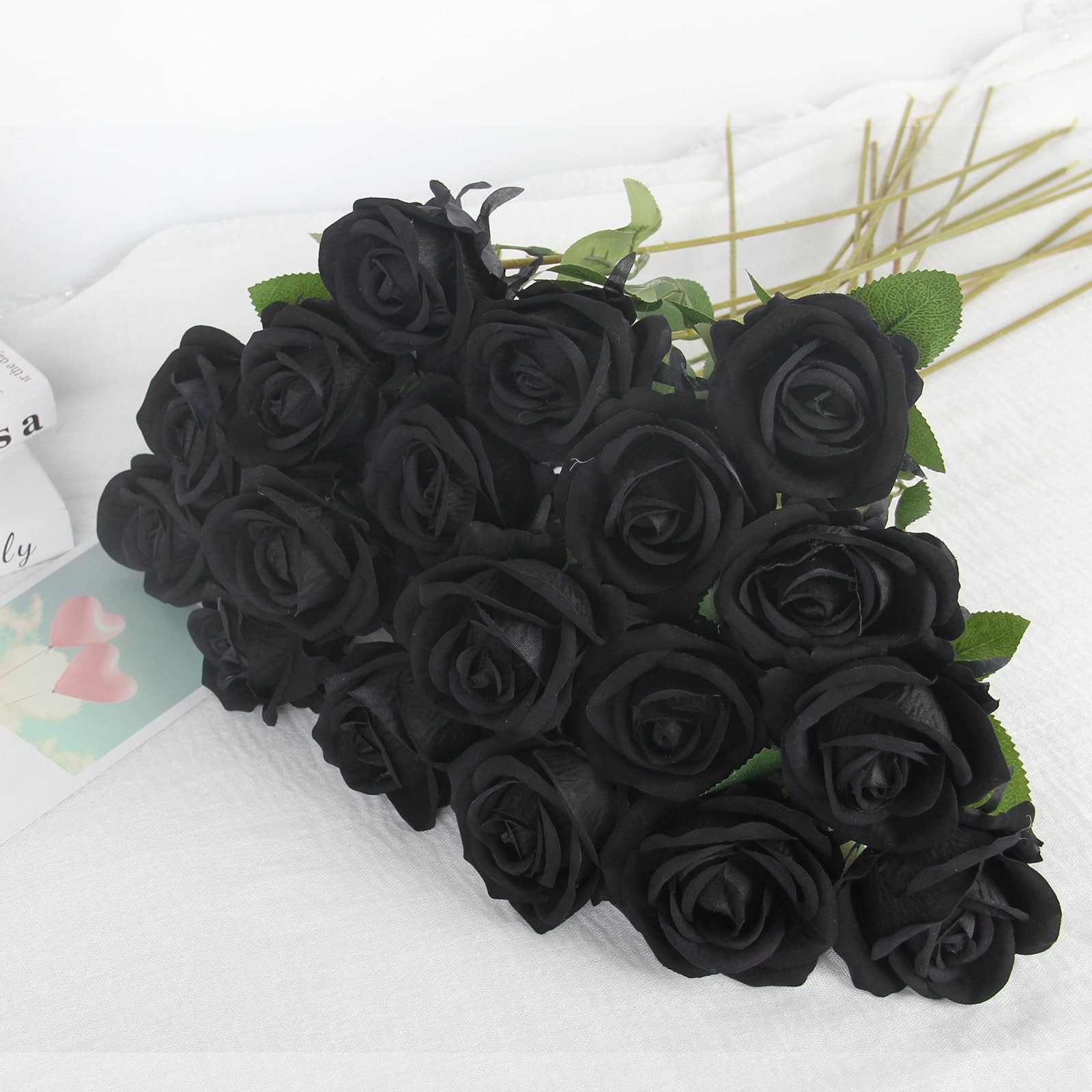 Black Artificial Flowers Fake Roses Bulk – 36 Pcs Velvet Silk Flowers Rose Bo…