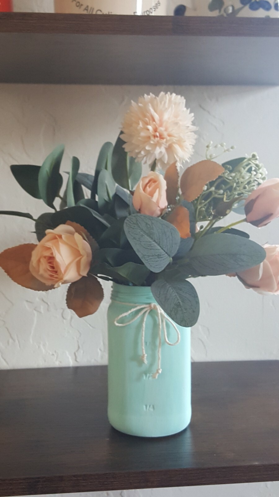 Elegant Rustic FarmHouse Decor Florwer Arrangement Painted Mint Green Mason Jar