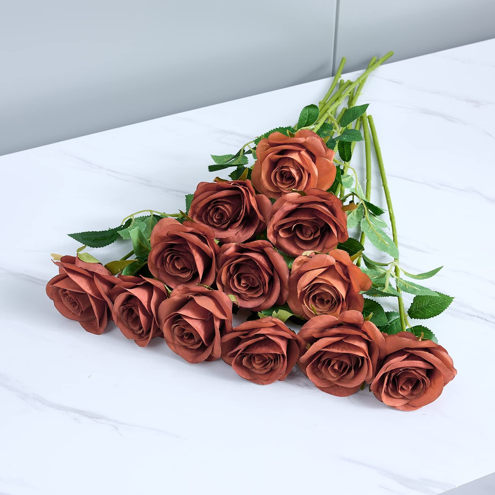12pcs Rust Orange Rose Artificial Flowers Faux Roses Silk Roses Orange Silk F…