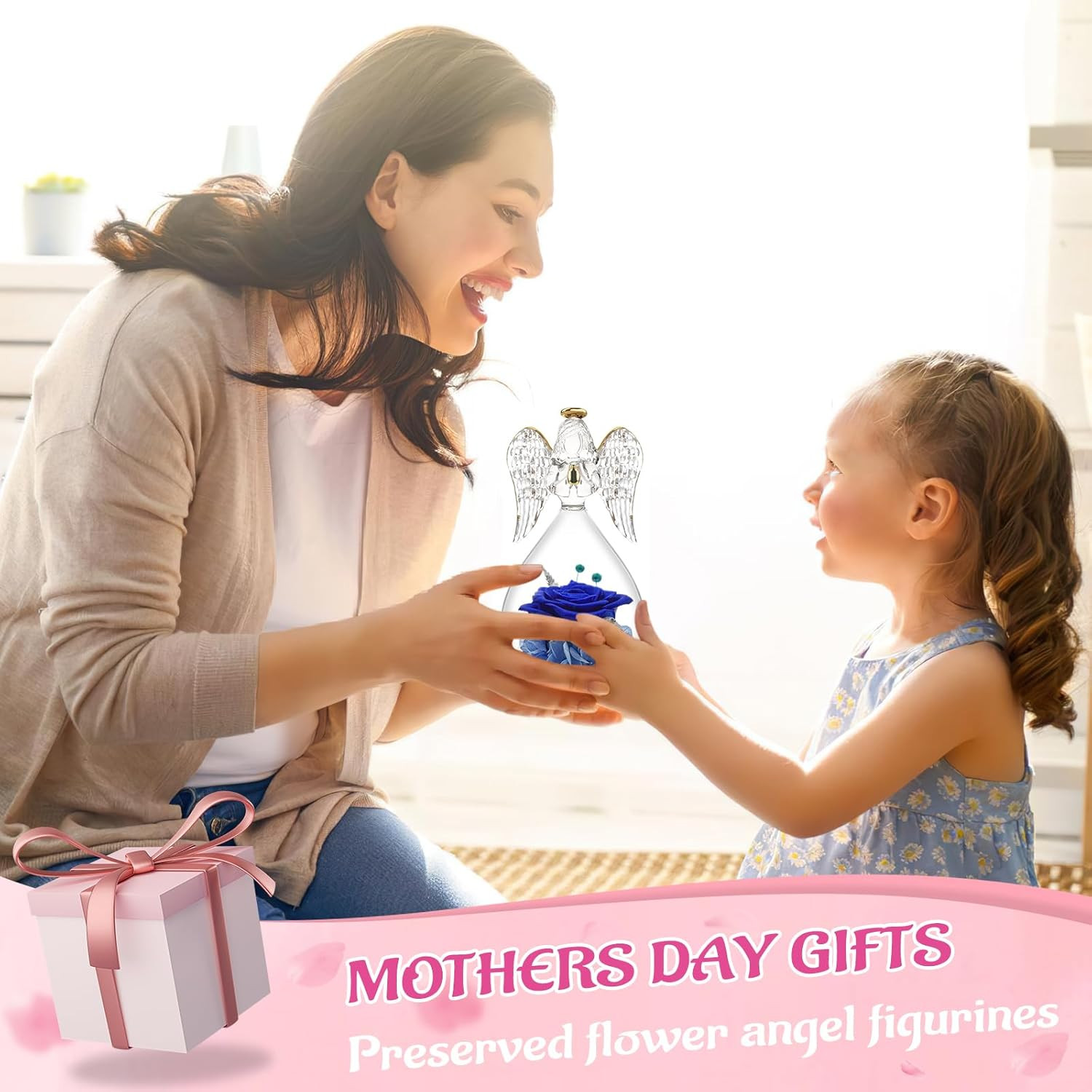 Preserved Flowers Rose Gifts for Mom, Angel Figurines Forever Real Rose Mom Birt