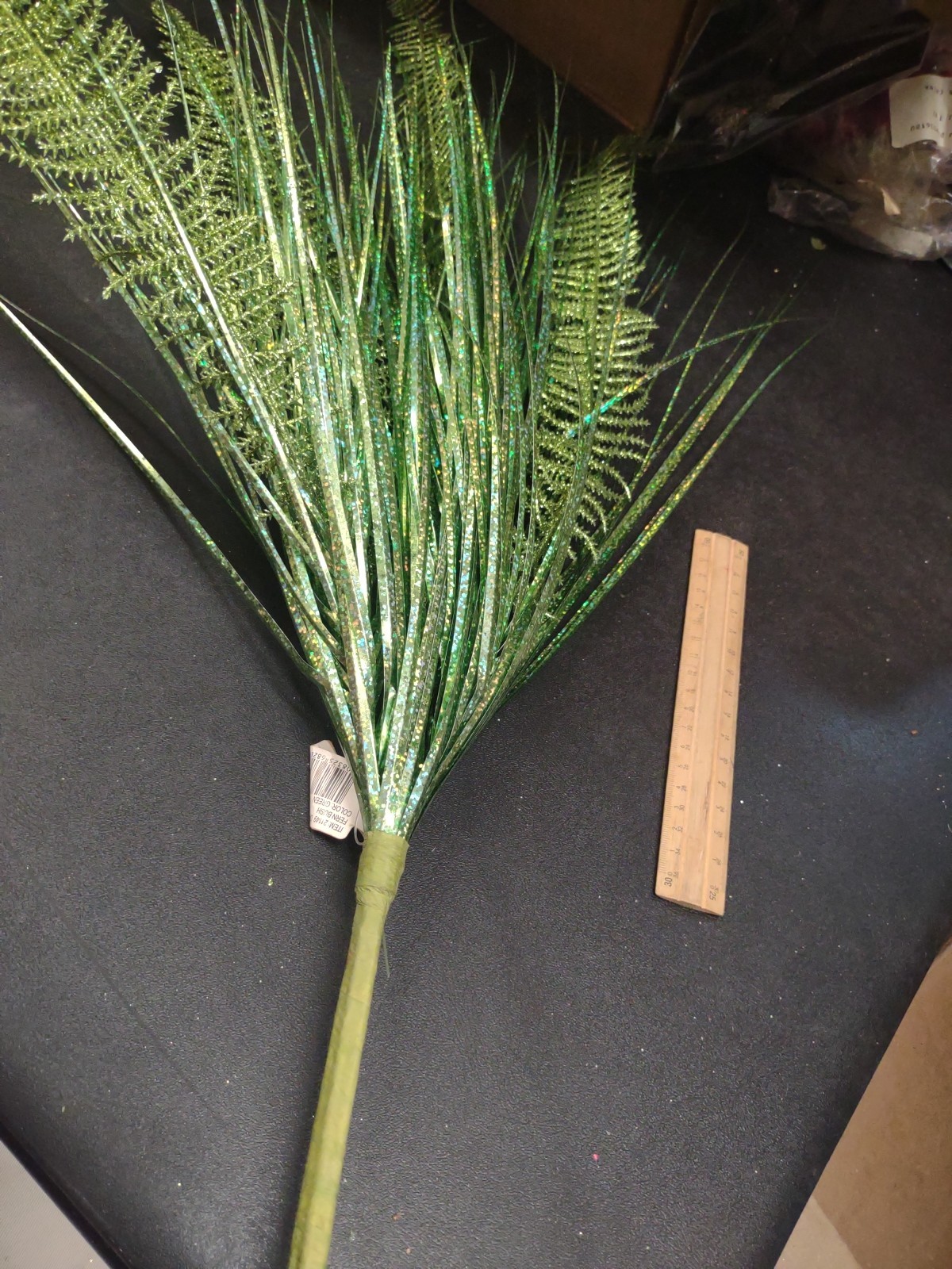 Retro Plastic Dragon Fern, Green, w/200 Stems of Holographic Grass Greenery, 24″