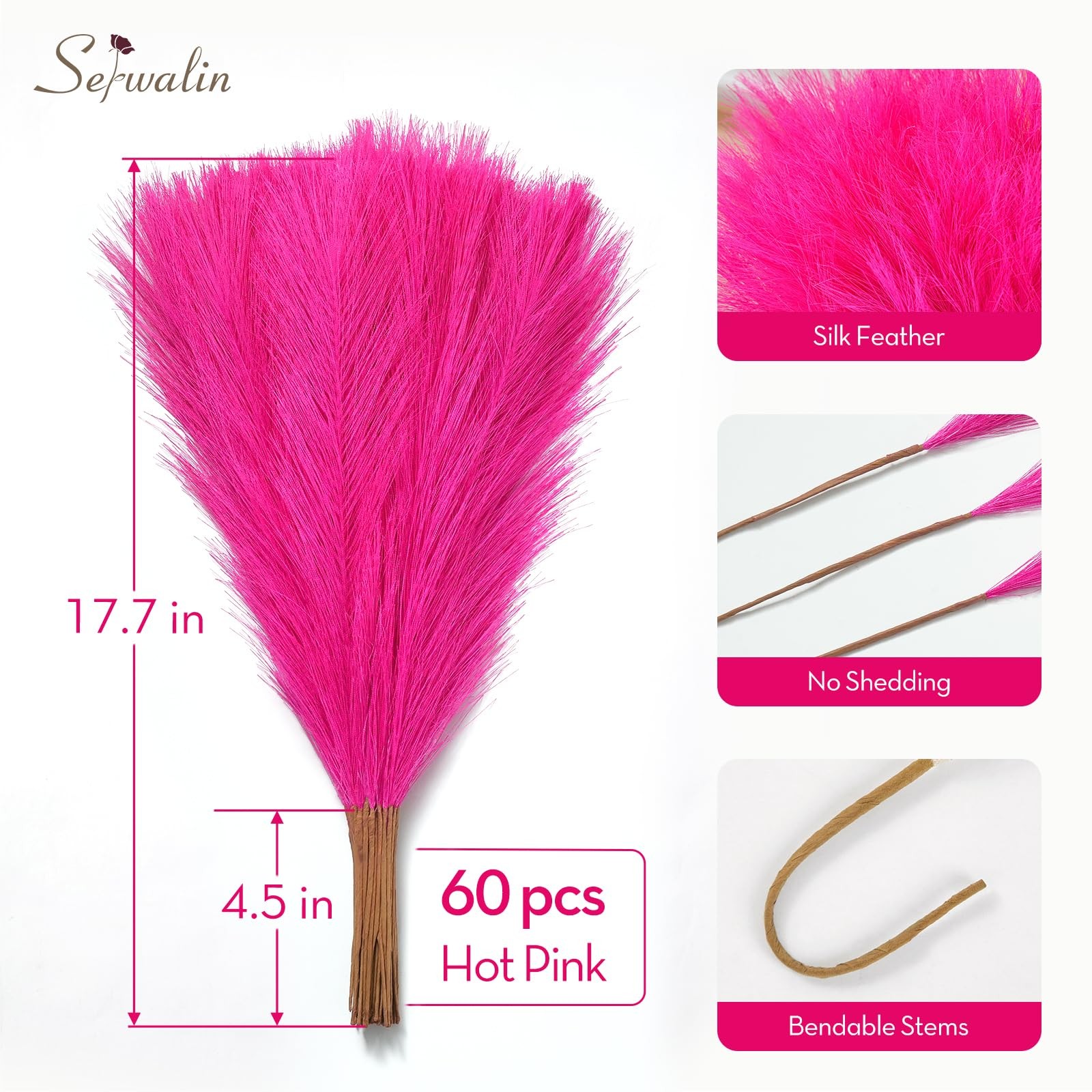 60Pcs Hot Pink Pampas Grass Decor, 17.7” Faux Pampas Grass, Artificial Pampa…