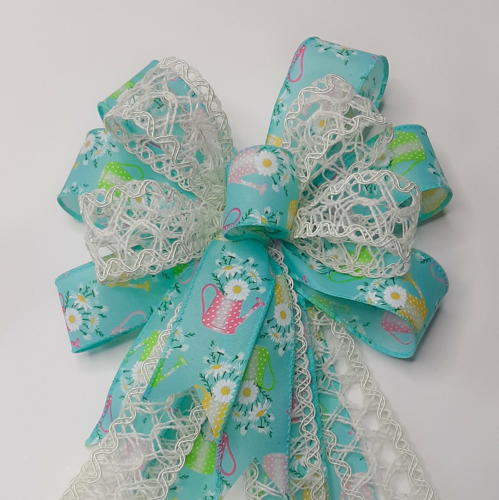 Spring Bow, Wreath Bow, Green, Turquoise Blue, Lace, Aqua, Watering Can, Flowers