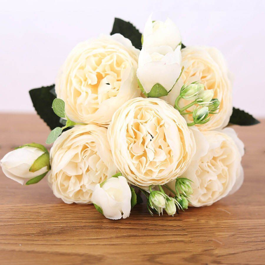 30cm Silk Rose Peony Artificial Flower Bouquet 5 Big Head 4 Small Bud Home Decor