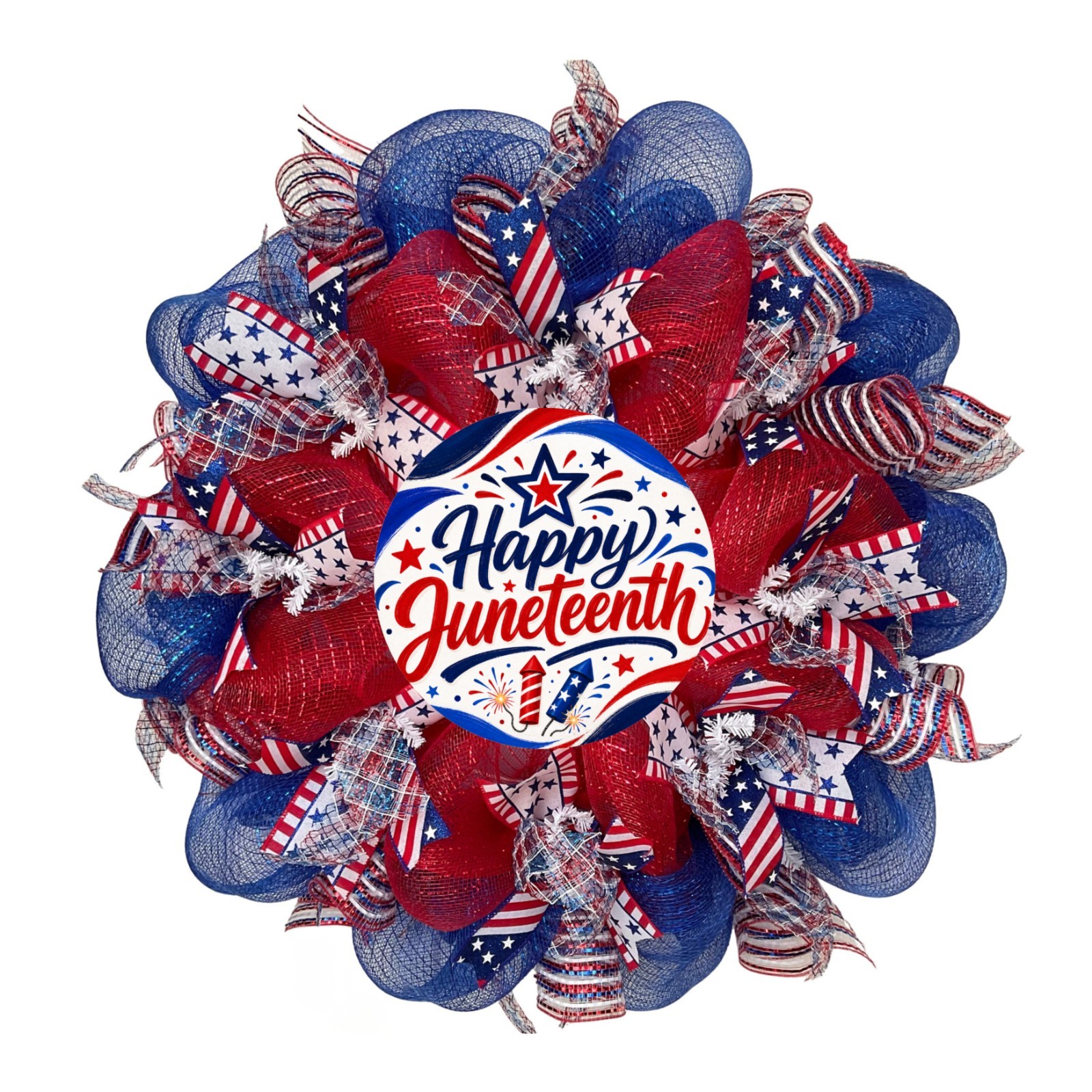 Happy Juneteenth Red White and Blue Handmade Deco Mesh Wreath