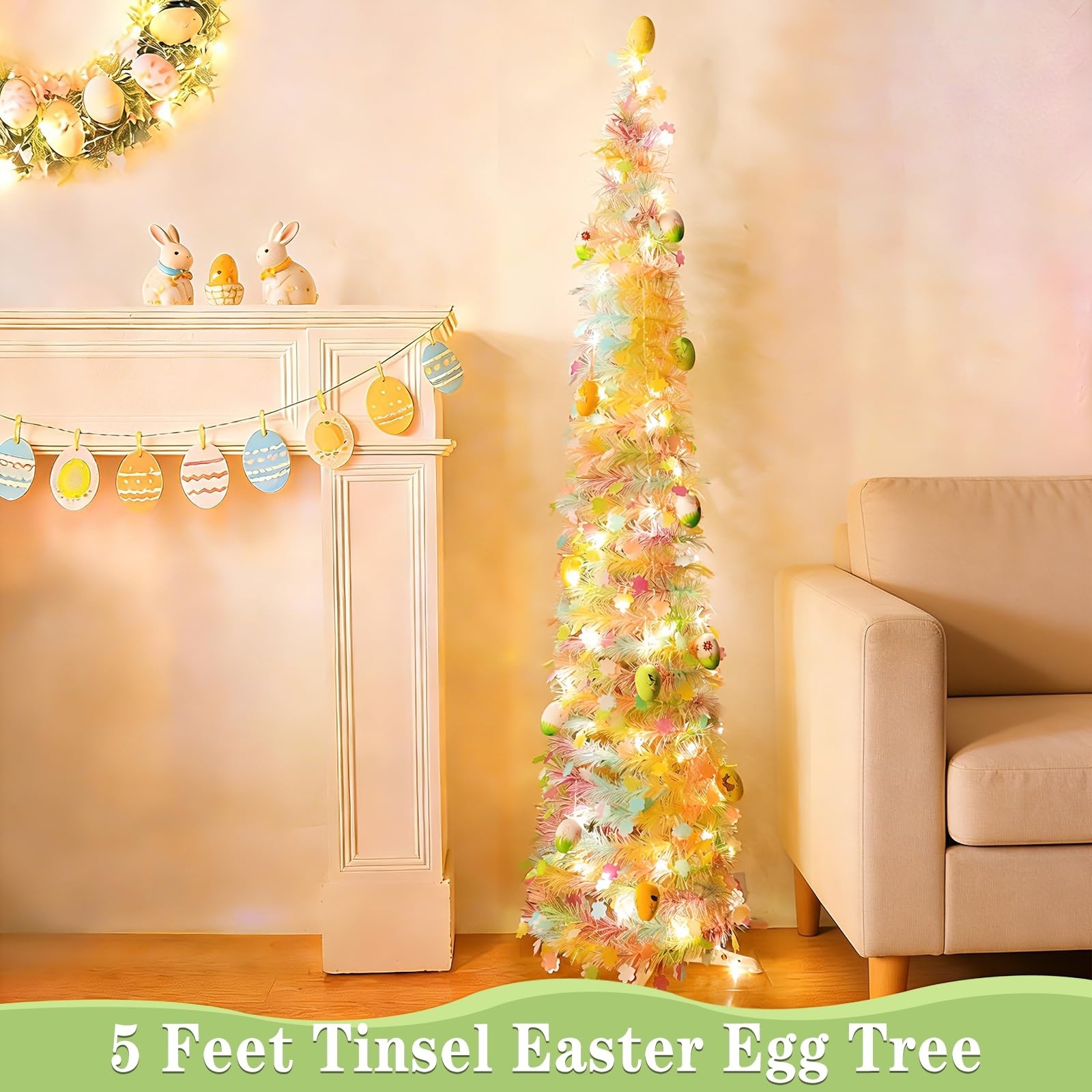 Timer – Easter Decorations, 5Ft Lighted Easter Tree with 50 LED Warm White Light