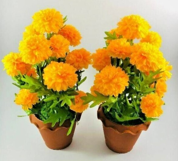 Pair Marigolds Flower Artifical Tree Set Pot Decor Home Yellow Color Floral Day