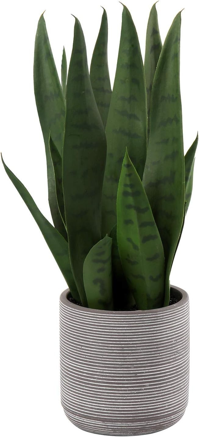 Fake Snake Plant 16″ Faux Potted Plant Artificial Snake Plant with Cement Pot…