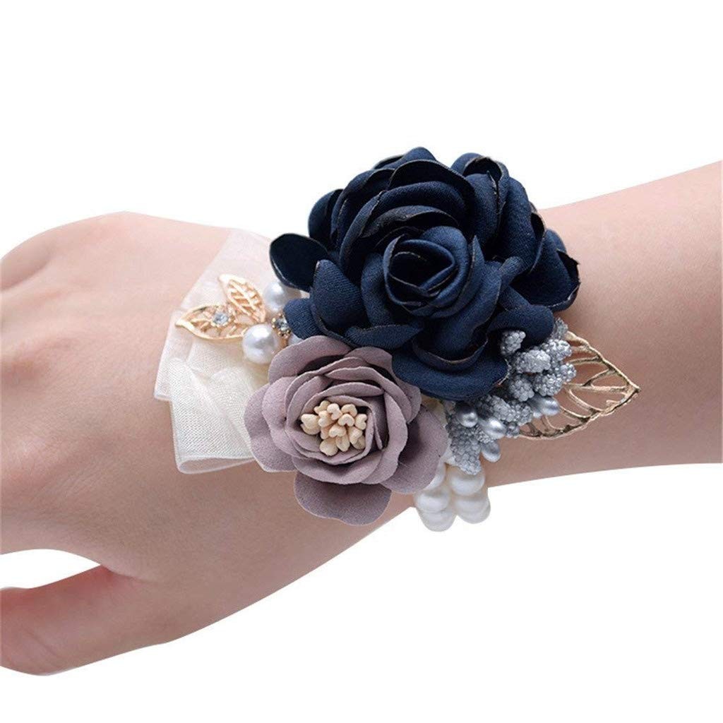 Rose Wedding Wrist Corsage Boutonniere Set Party Prom Ribbon Decor Dark Blue