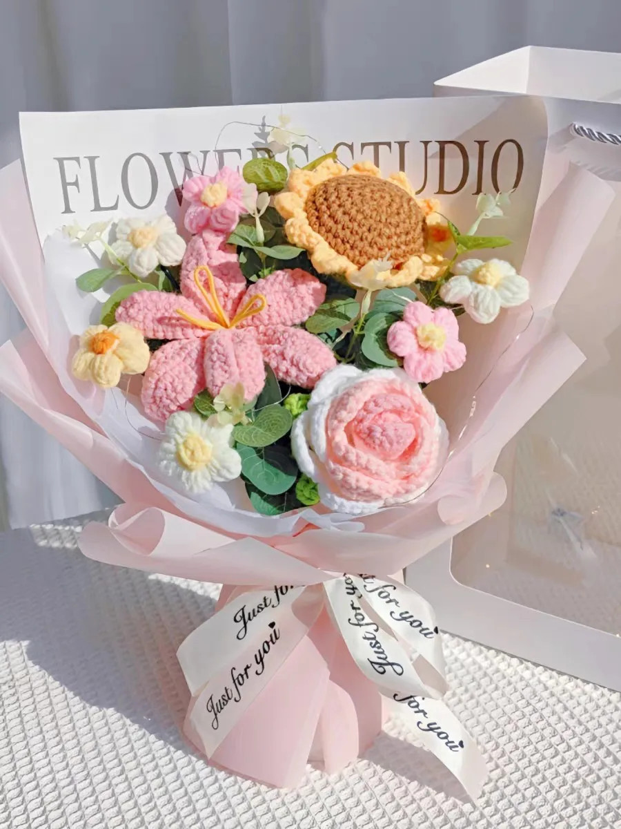 Handmade Crochet Flower Bouquet Decoration Flower Plush Ornament Gift