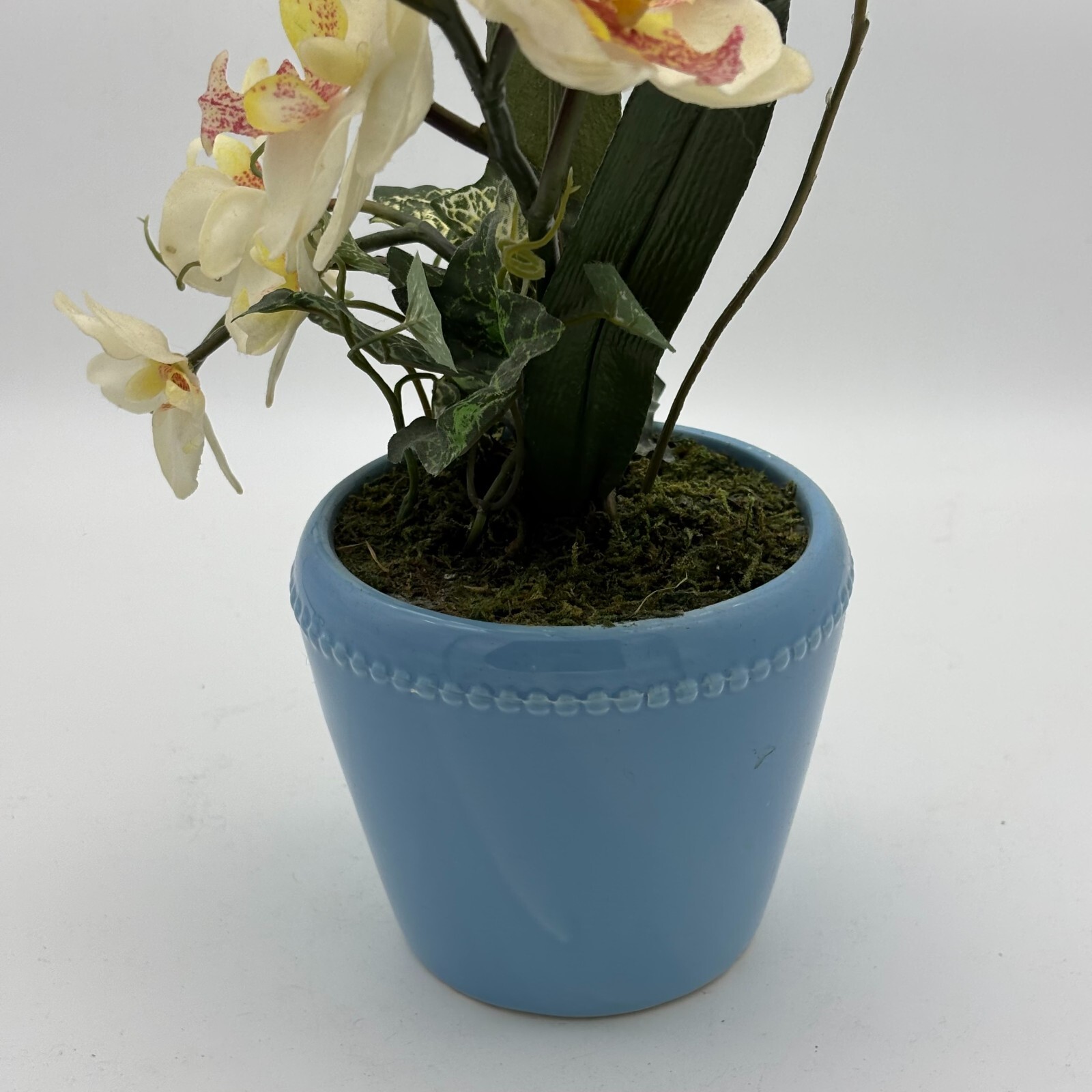 Vintage Floral Arrangement Set White Roses Blue Vase 1970s Retro Style Flowers