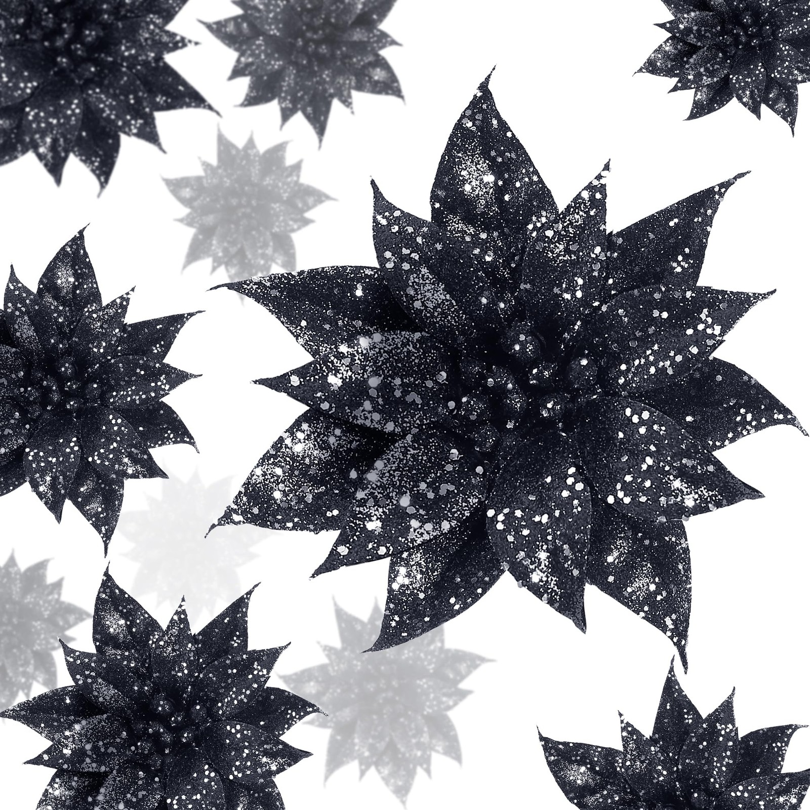 15 PCS Black Halloween Christmas Glitter Artificial Poinsettia Flowers Clip