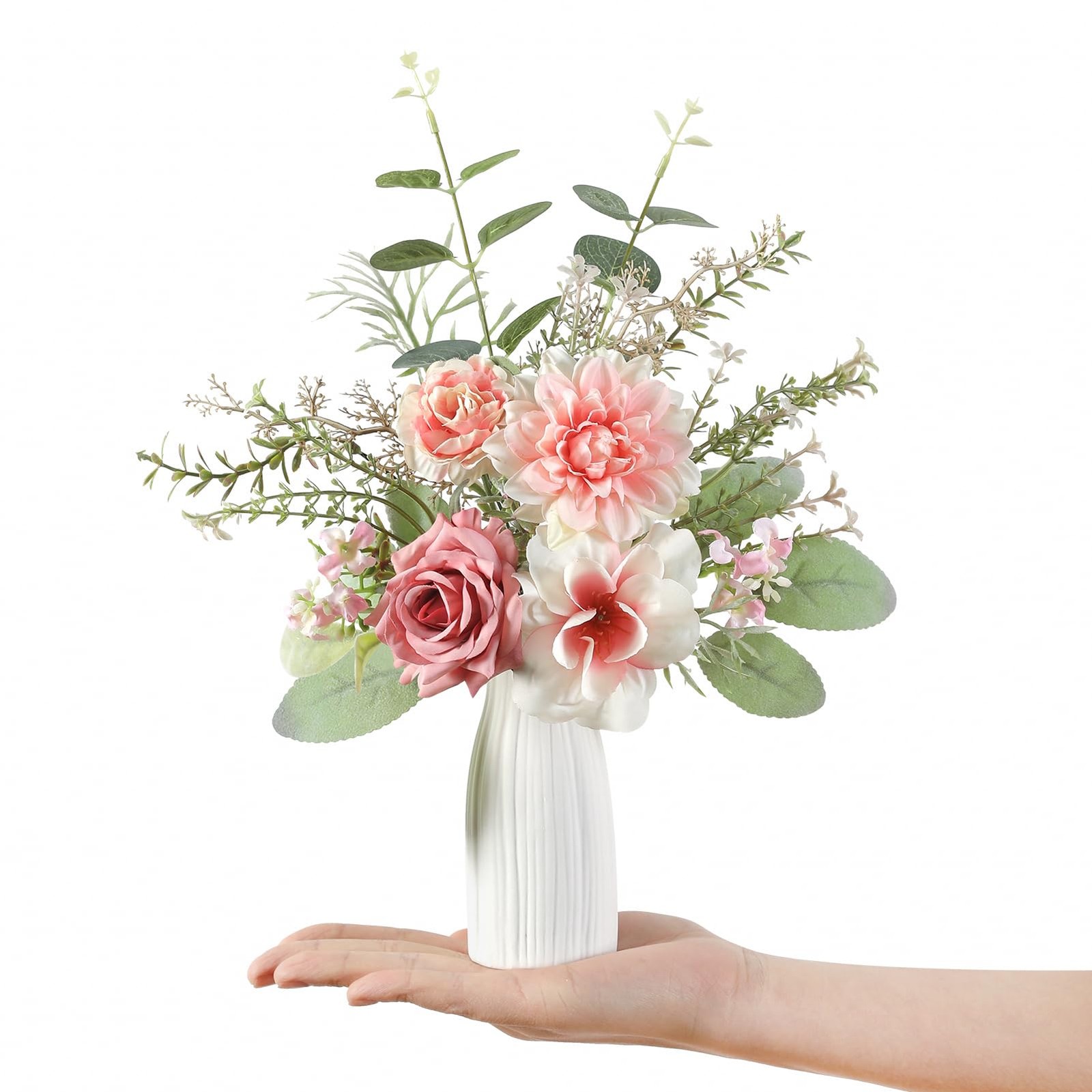 Small 11″ Artificial Flowers in Ceramic Vase – Pink Silk Flower Centerpiece f…