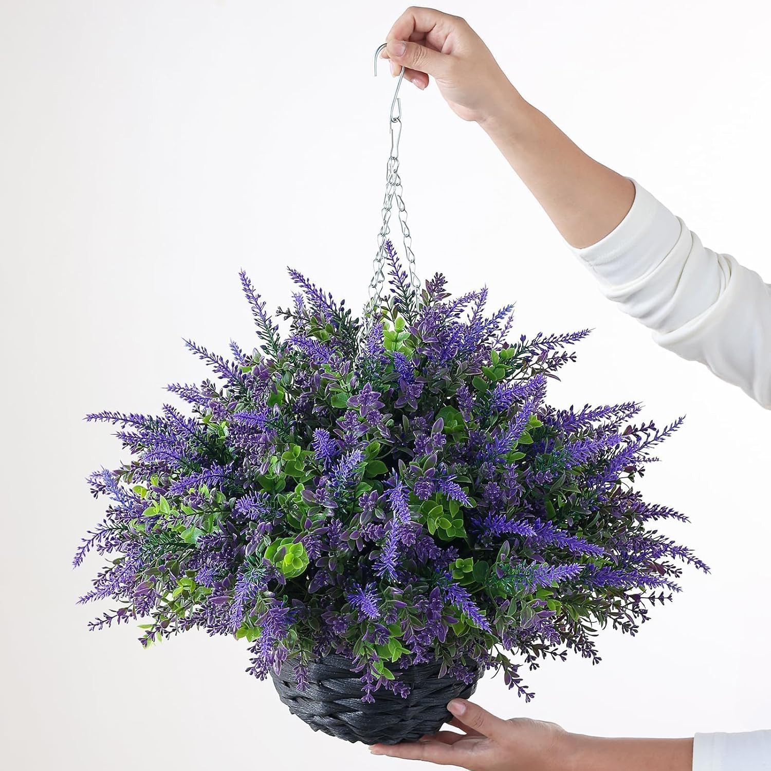 2 Sets UV-Resistant Artificial Lavender & Eucalyptus Hanging Baskets for Outdoor